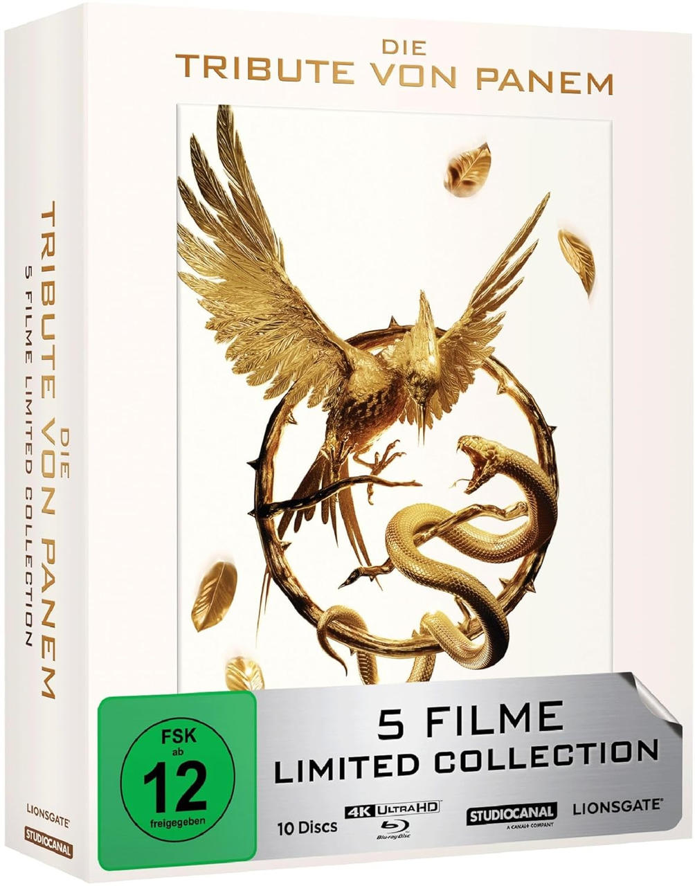 Ein goldenes Vogel- und Schlangendesign auf einer Filmbox.