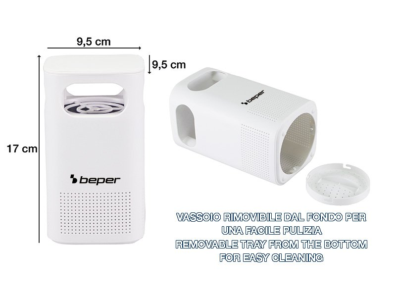Fehér szúnyogirtó gép szöveggel és címkékkel.