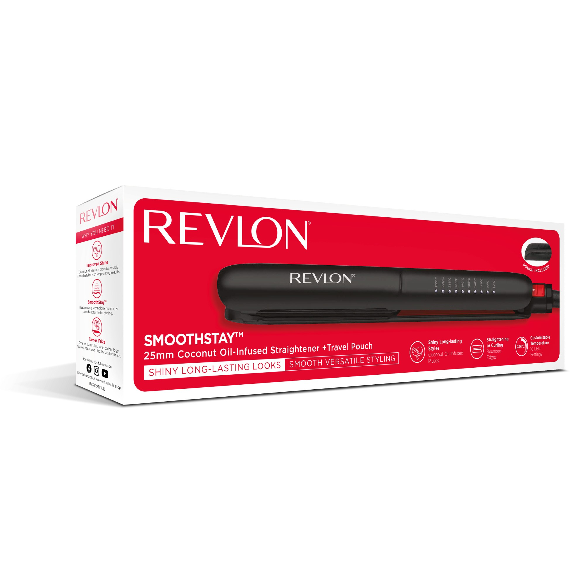 Pudełko Revlon Smoothstay ze zdjęciem prostownicy do włosów.