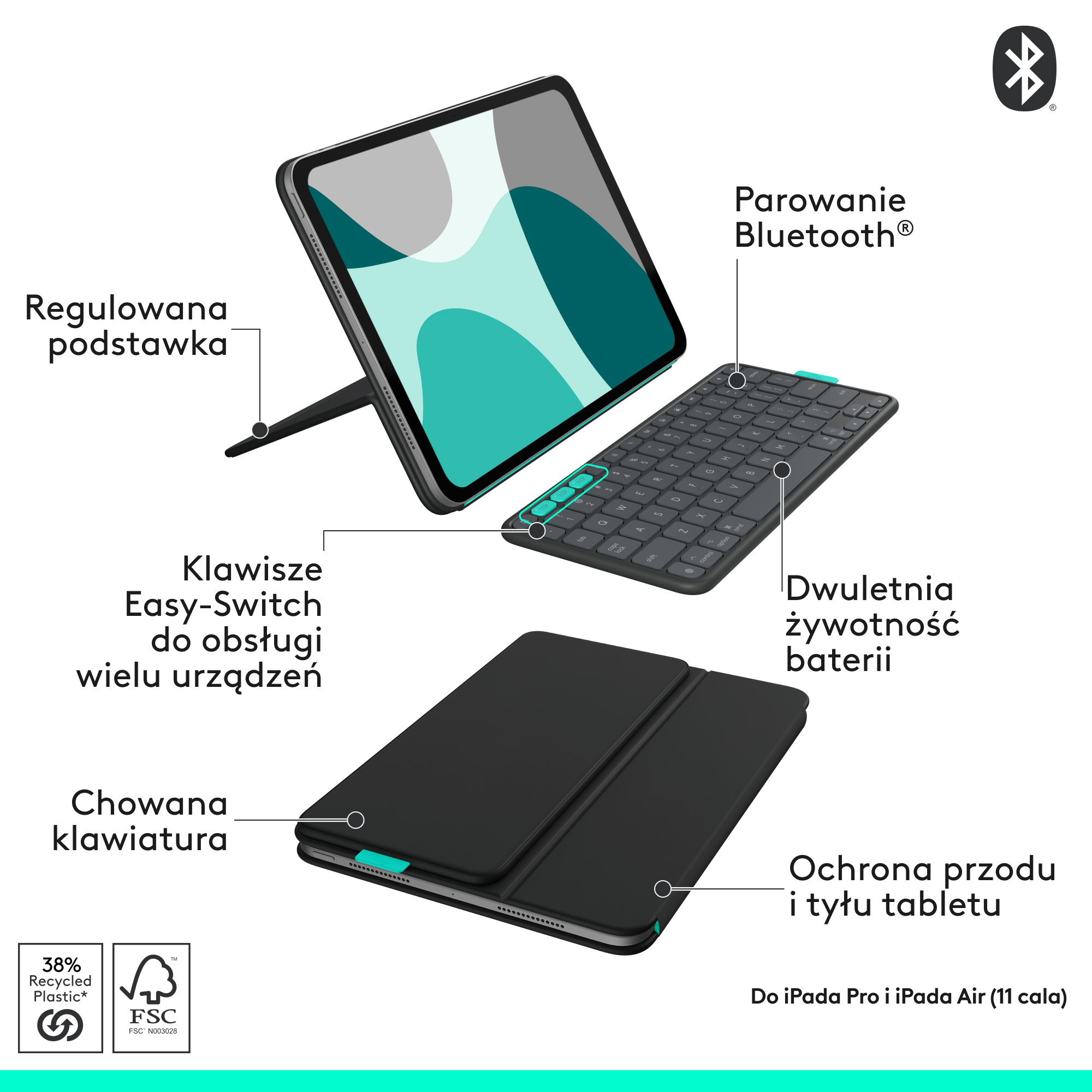 iPad, klawiatura i etui z etykietami. Regulowana podstawka, klawisze Easy-Switch i 2 lata baterii.