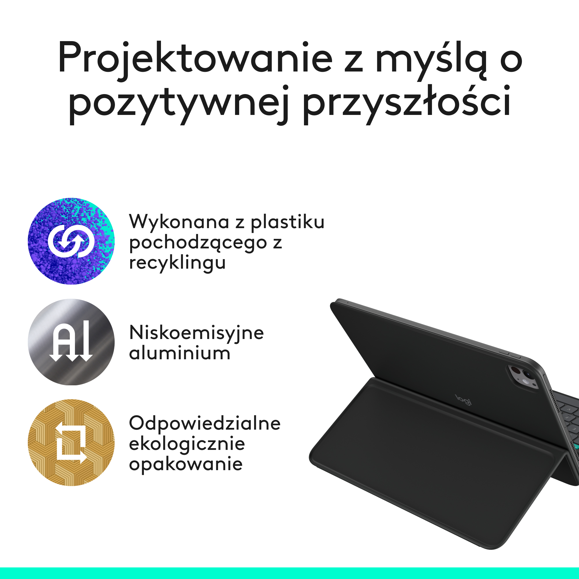 Czarny tablet z klawiaturą, tekst o recyklingu, aluminium i odpowiedzialnym opakowaniu.