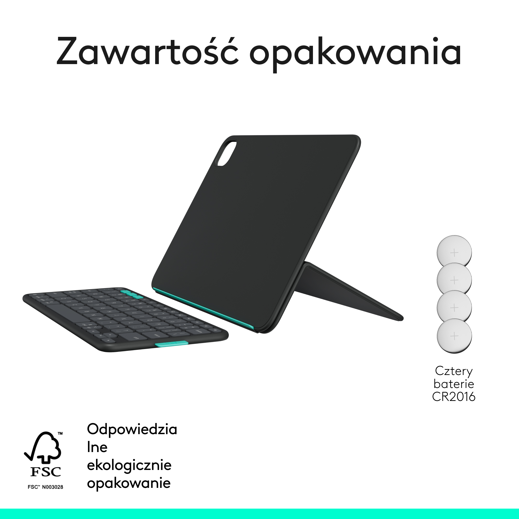 Czarny tablet i klawiatura, cztery baterie i tekst o zawartości opakowania.