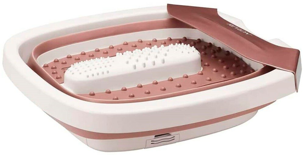 Spa do stóp Revlon, otwarte, z wałkiem do masażu i różową powierzchnią. Kolory biały i różowy.