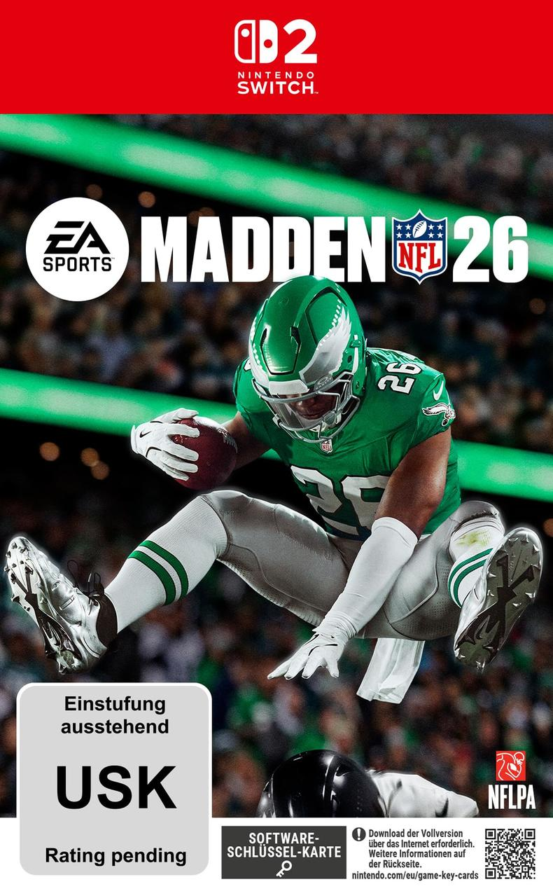 Madden NFL 26-Spielcover. Ein Footballspieler in grünem Outfit läuft mit dem Ball. Nintendo Switch-Logo oben.