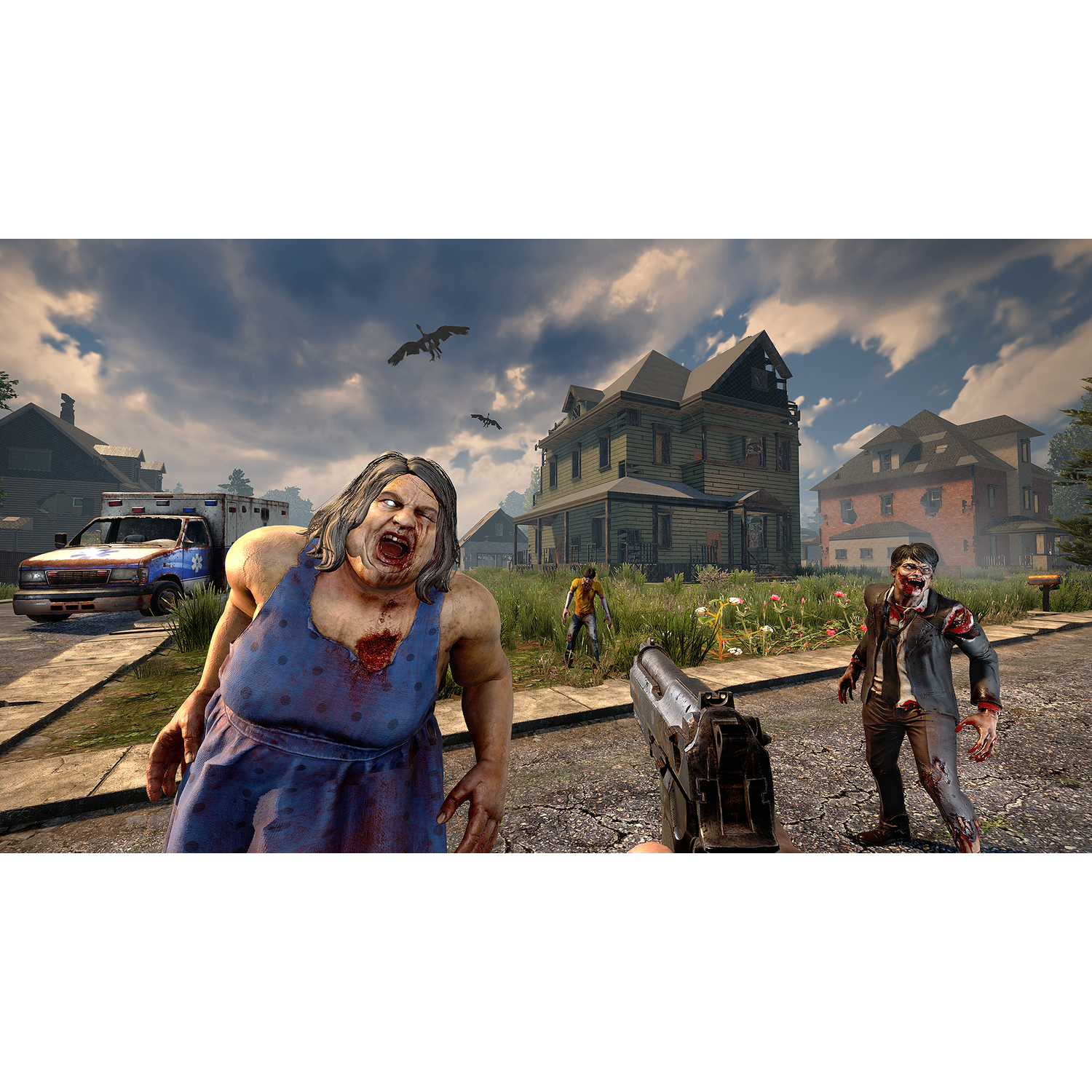 Eerste persoonsperspectief van een door zombies geteisterde stad. Zombies voor een geweer.