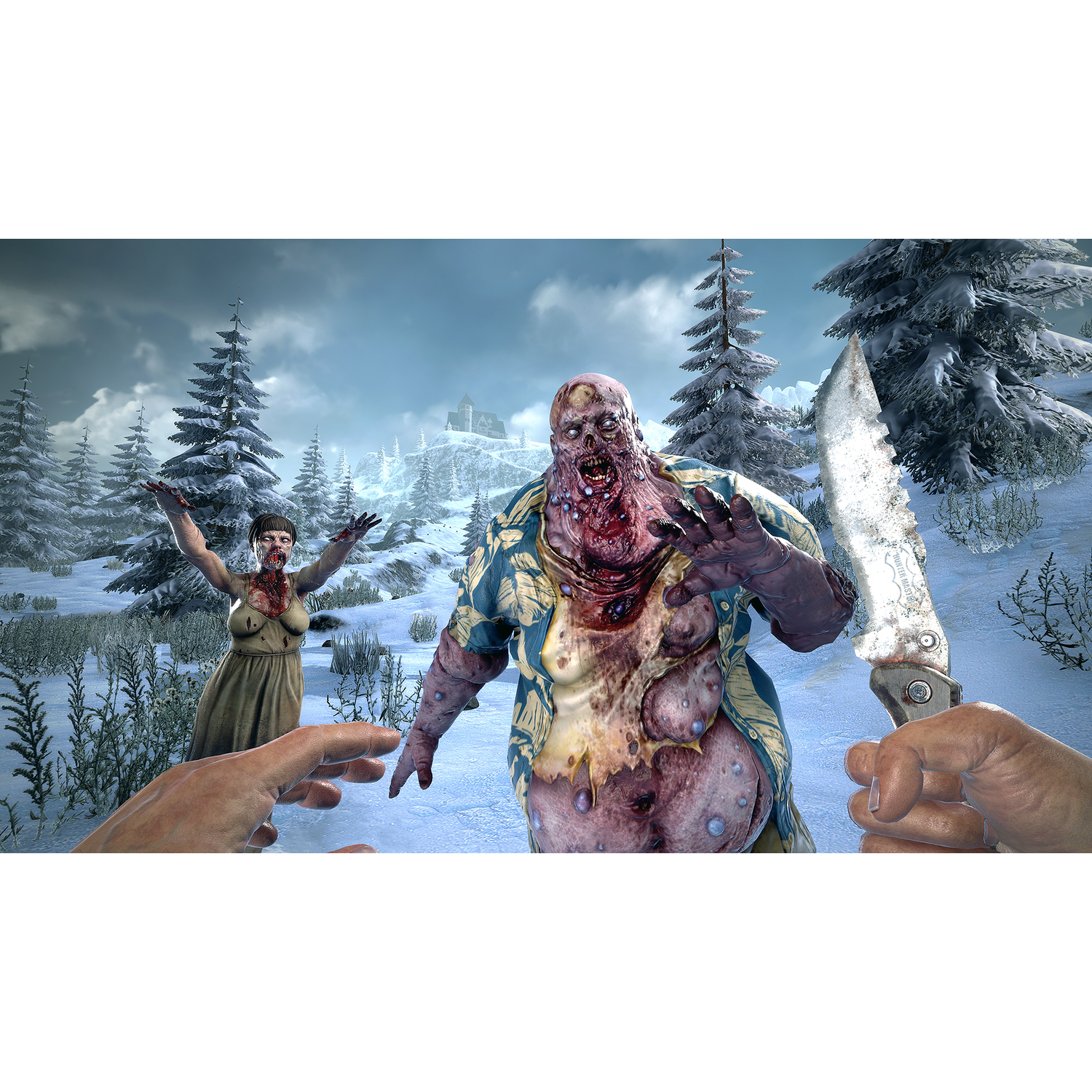 Eerste persoonsperspectief, vechten tegen zombies in een besneeuwd landschap. Mes in de hand.