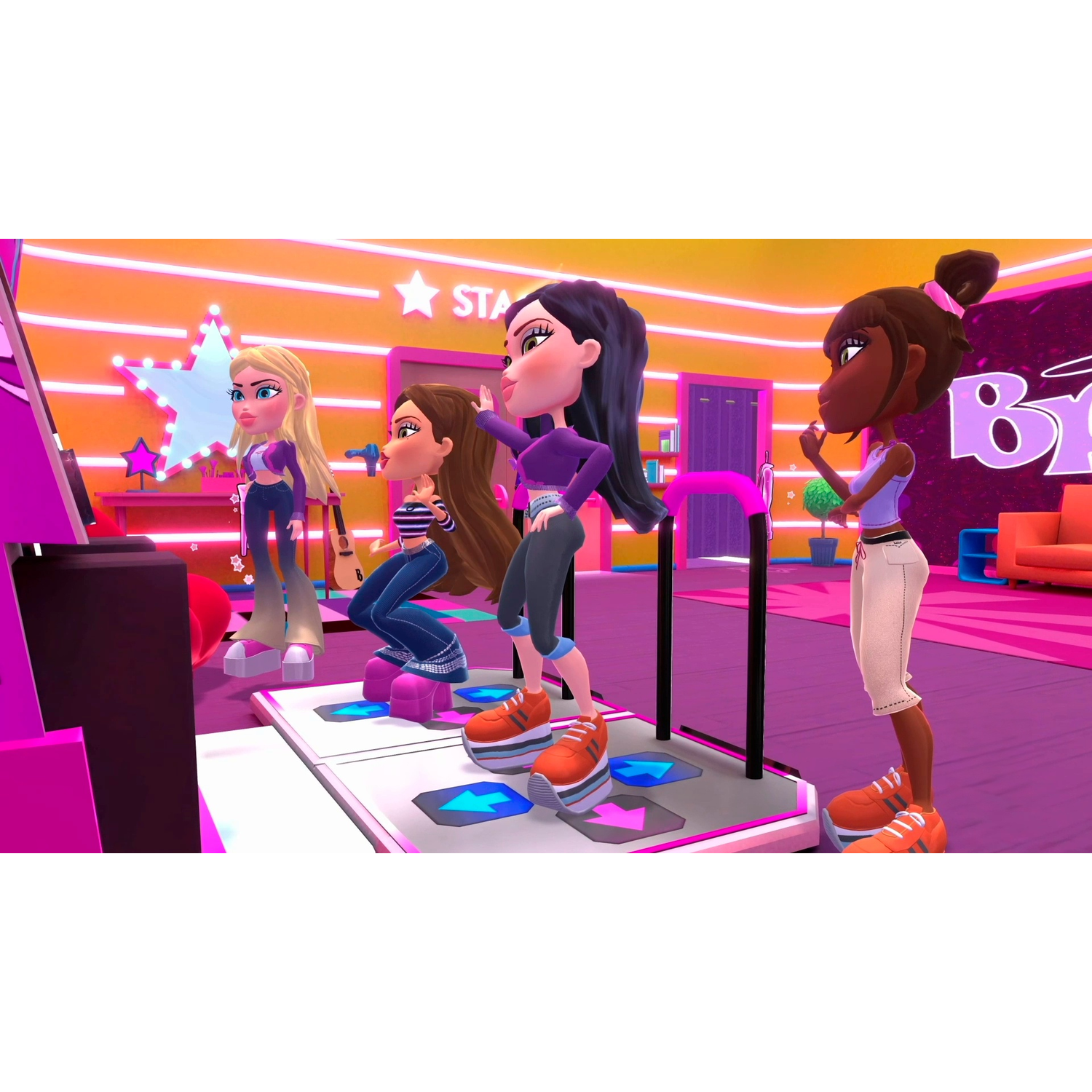 Vier Bratz-poppen in een spel. Ze staan op een dansmat, met een podium op de achtergrond.