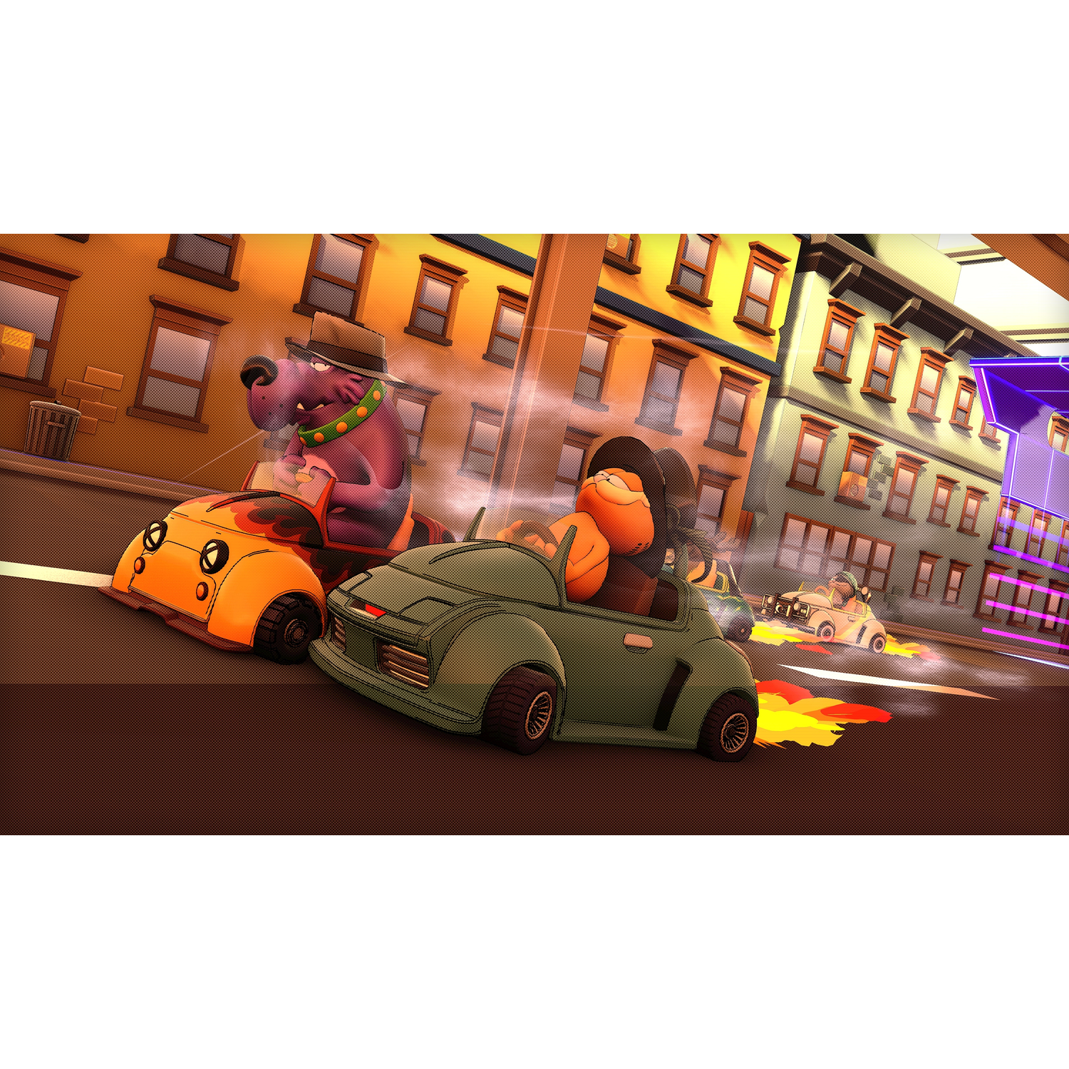 Cartoonauto's racen op een straat met karakters zoals Garfield en Odie.