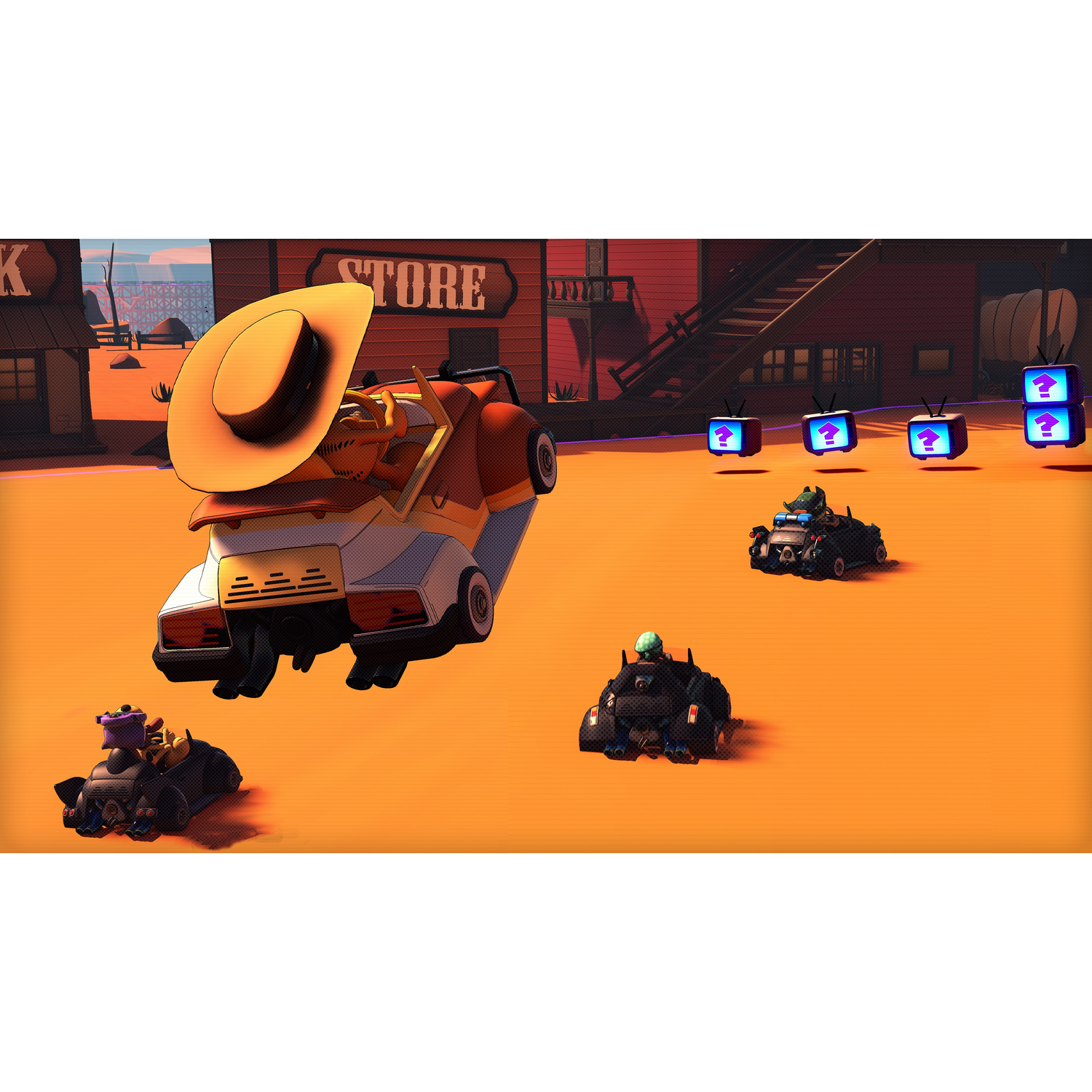 Stripfiguren in karts in een woestijn, met zwevende auto's en tv's.