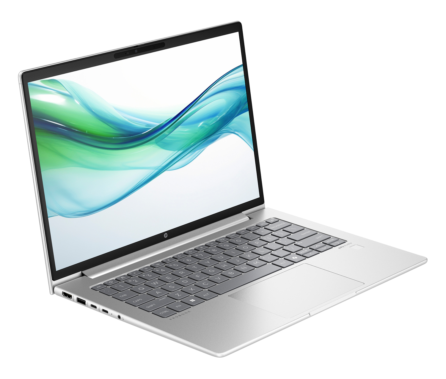 Laptop HP plateado, abierto en ángulo, mostrando un diseño de pantalla azul y verde.