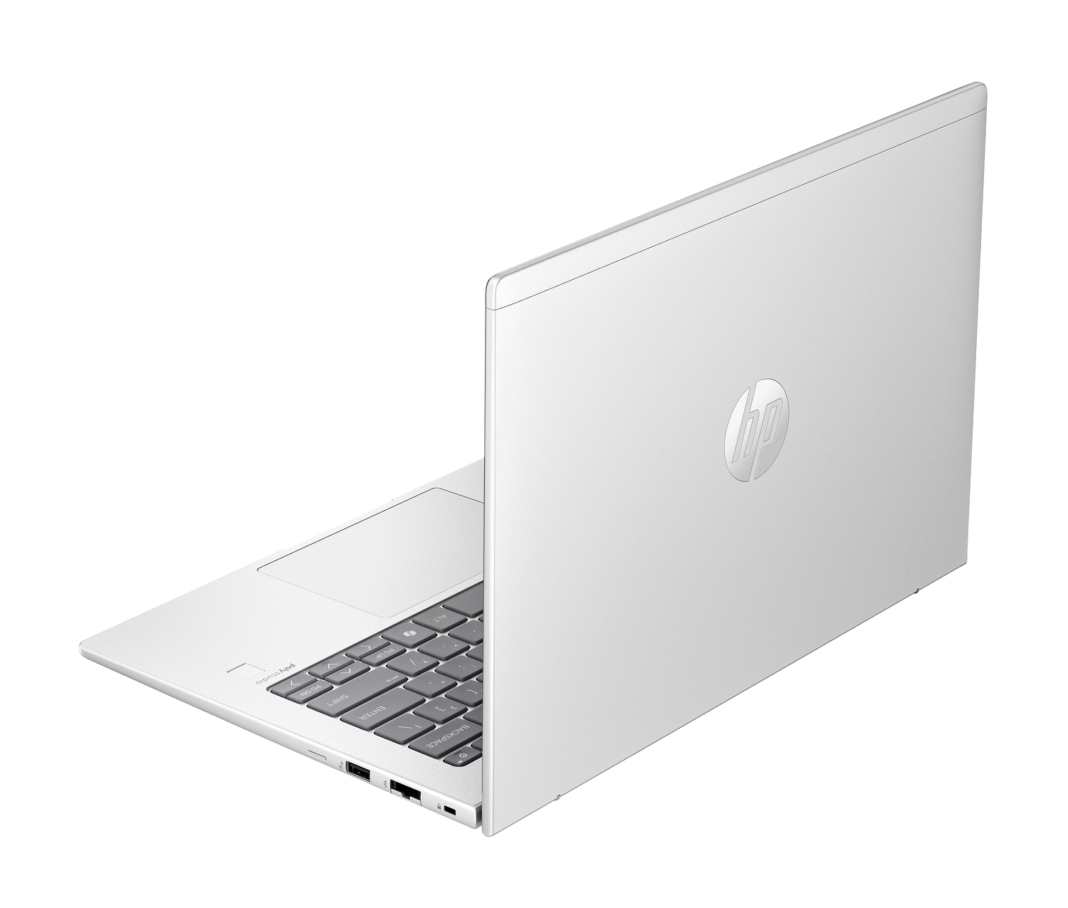 Vista trasera del portátil HP plateado, mostrando el logotipo y el diseño de la tapa.