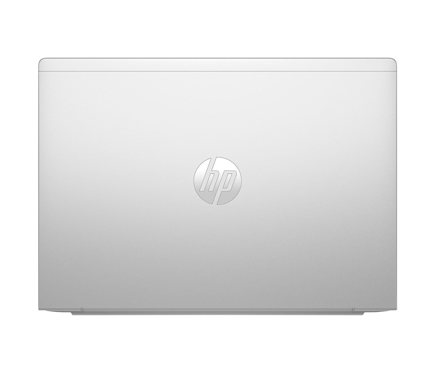 Vista superior de la tapa del portátil HP plateado, mostrando el logotipo de HP.