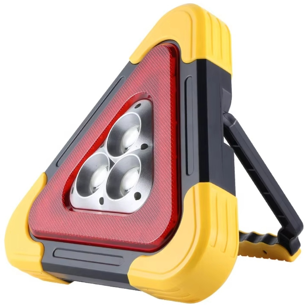 Trójkąt ostrzegawczy z uchwytem, światłami, żółtą ramą i czerwonym środkiem.