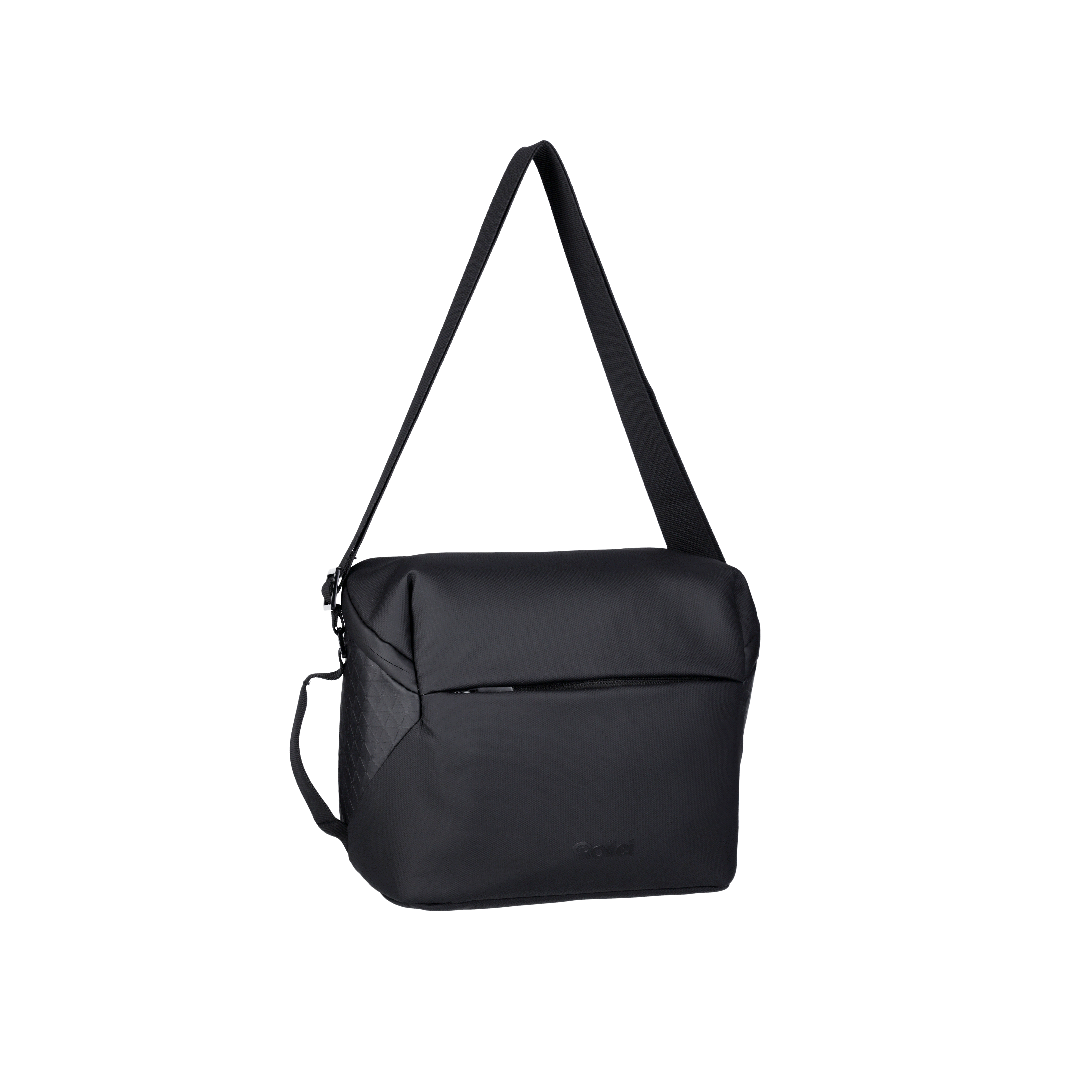 Schwarze Umhängetasche mit Schulterriemen. Die Tasche hat eine Klappe und eine Vordertasche.