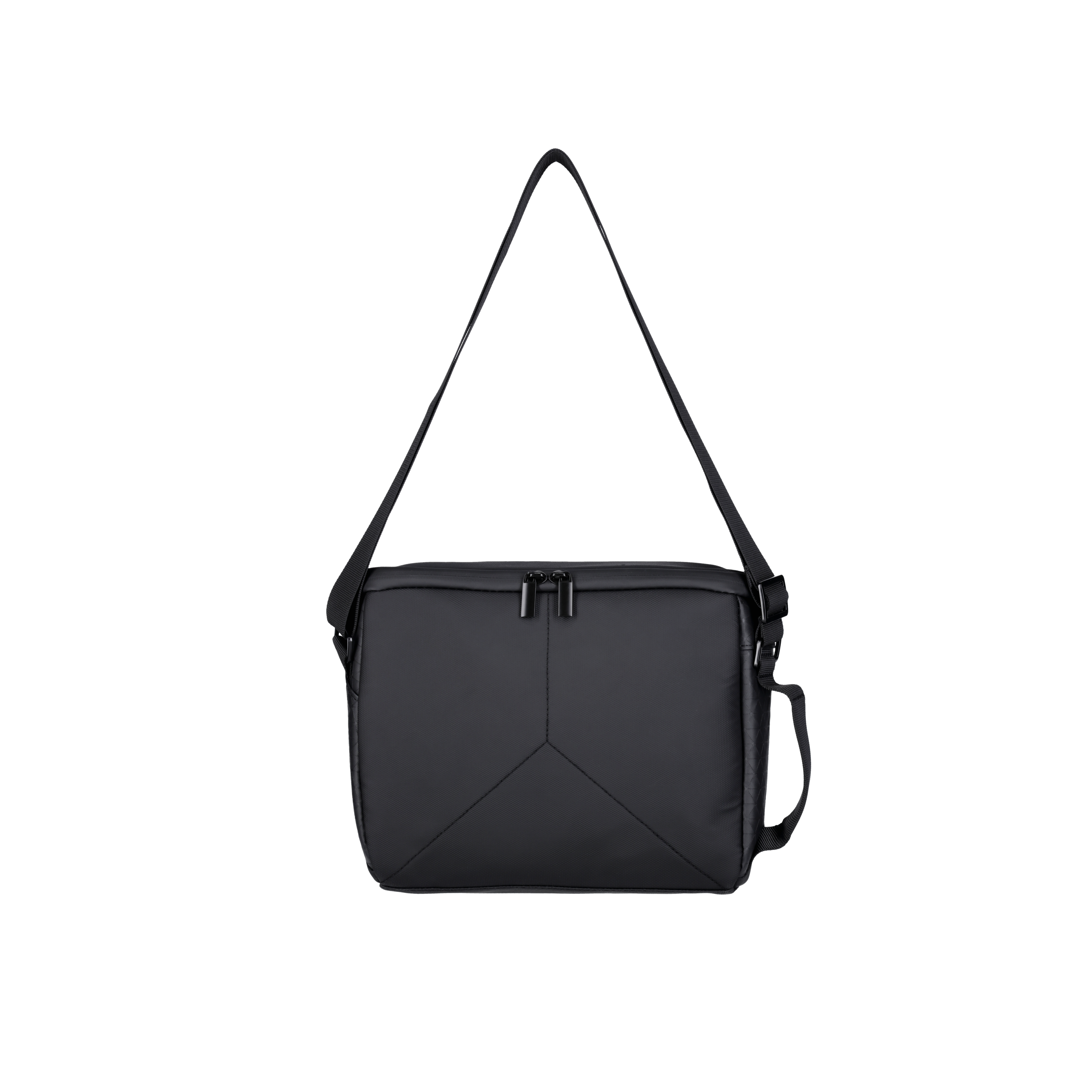 Schwarze Umhängetasche mit Schulterriemen. Zwei Reißverschlüsse vorne, minimalistisches Design.