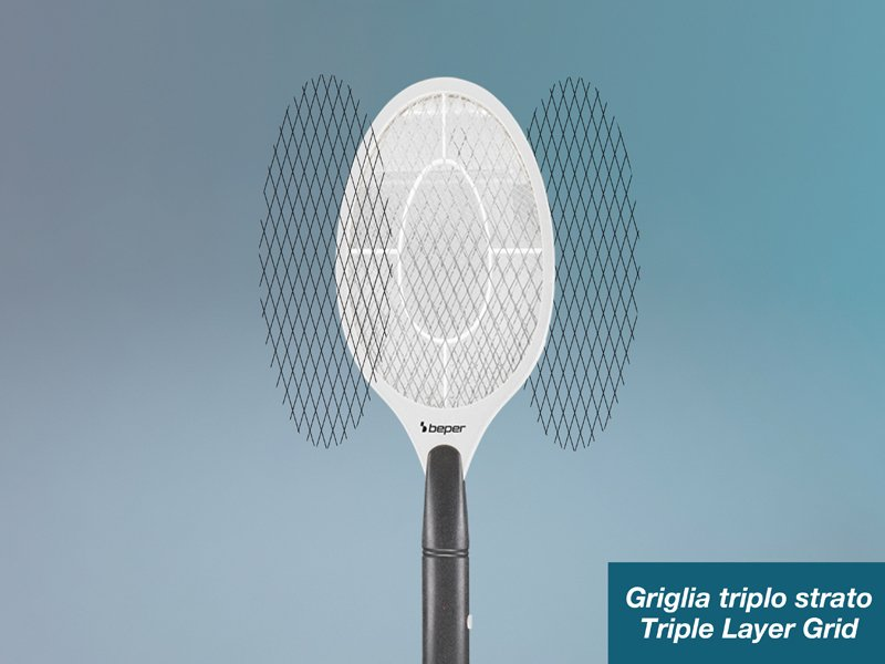 Fehér-fekete elektromos szúnyogcsapda. A csapda háromrétegű ráccsal rendelkezik.