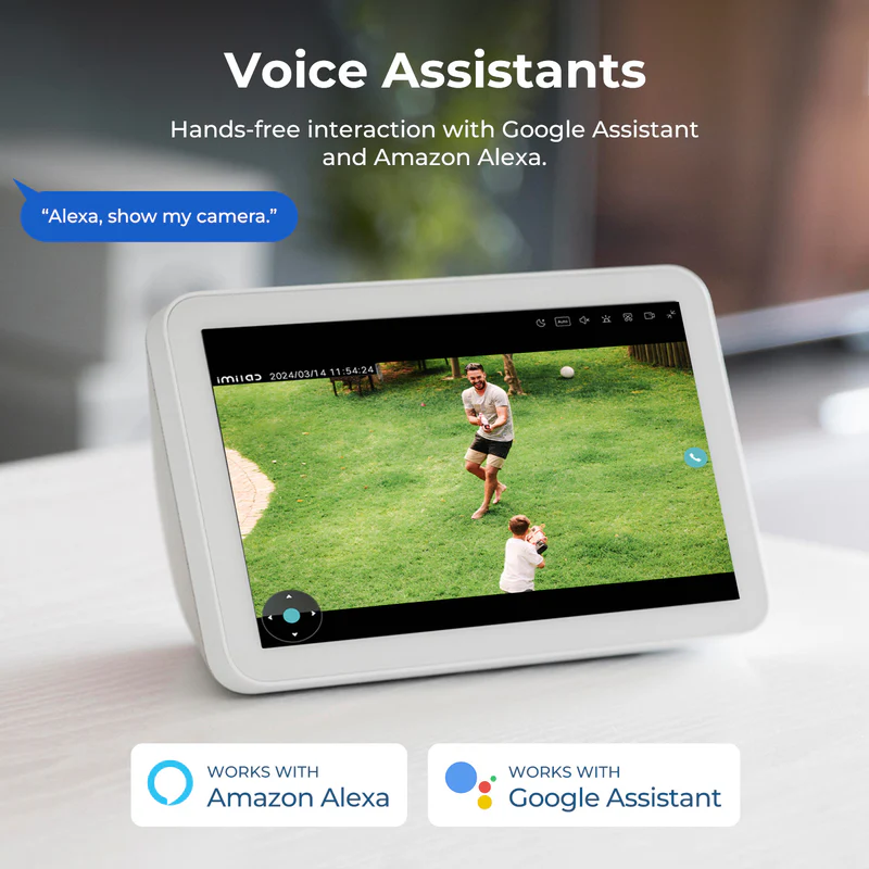 Egy táblagép, amely a kamera képét mutatja, Alexa és Google Assistant támogatással.
