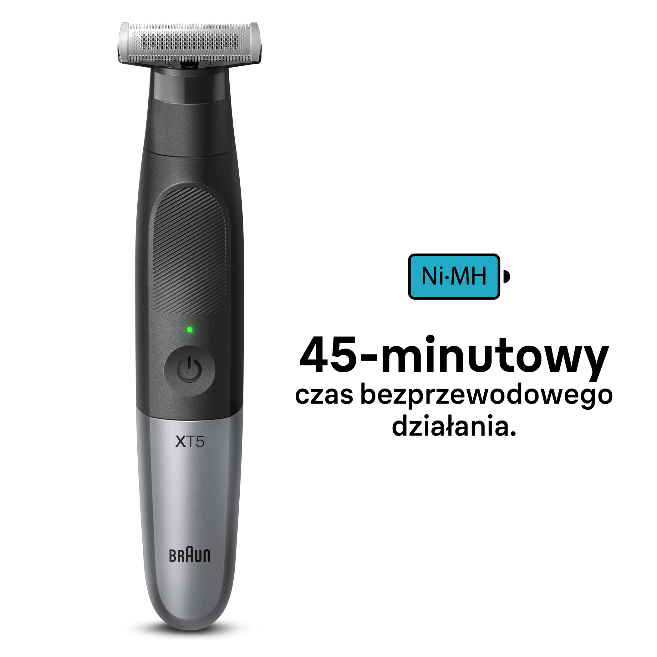 Zbliżenie na ostrze trymera Braun XT5, z ponumerowanymi elementami i strzałkami.