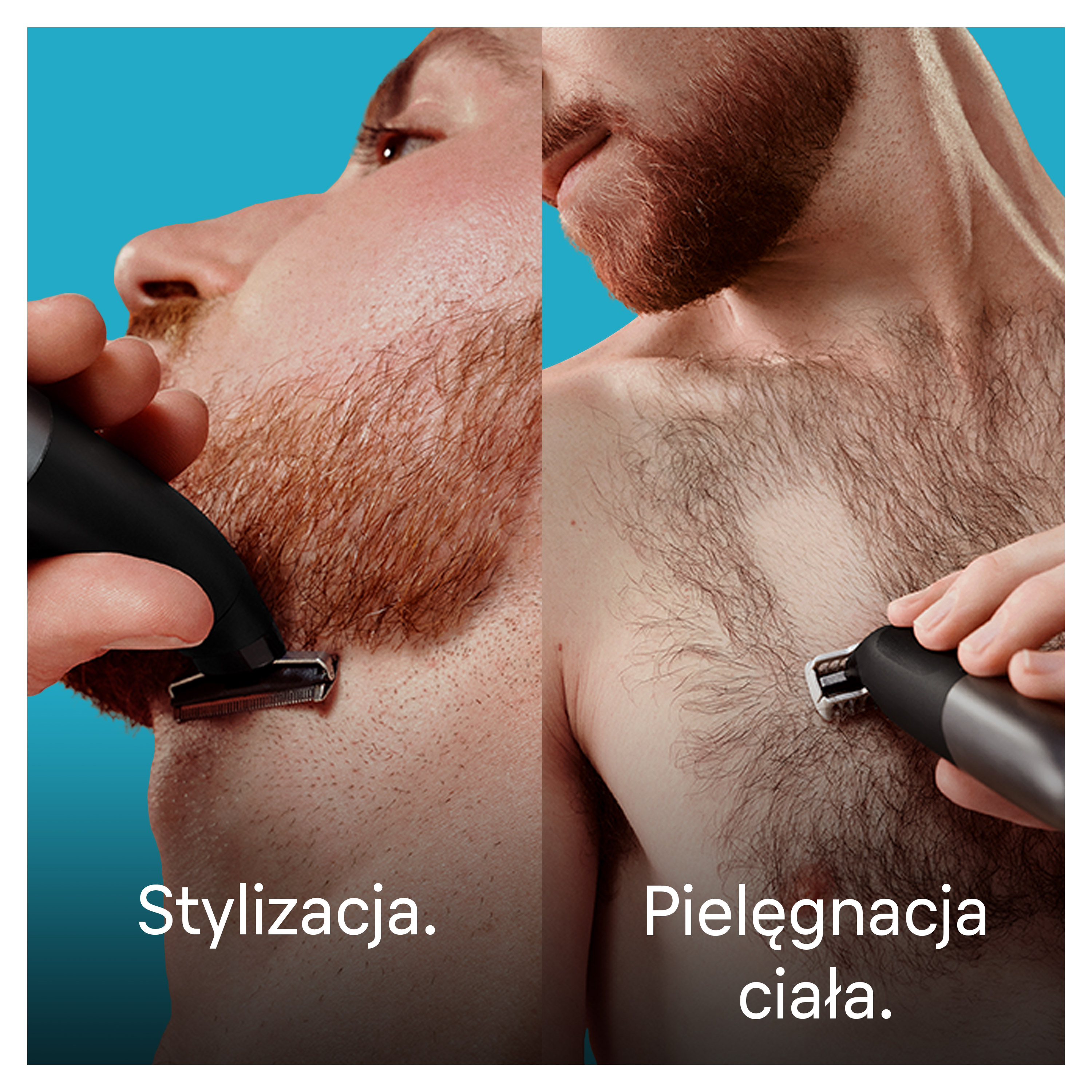 Mężczyzna używający trymera Braun XT5 do przycinania brody i włosów na ciele.