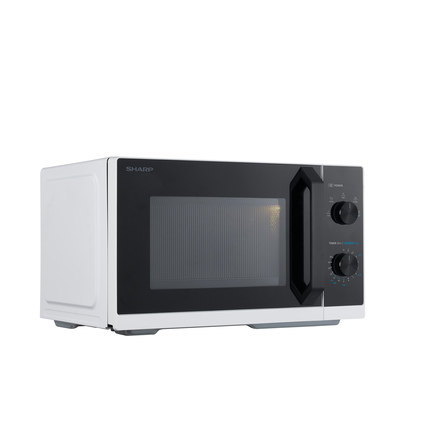 Microwave oven, three-quarter view, white and black.