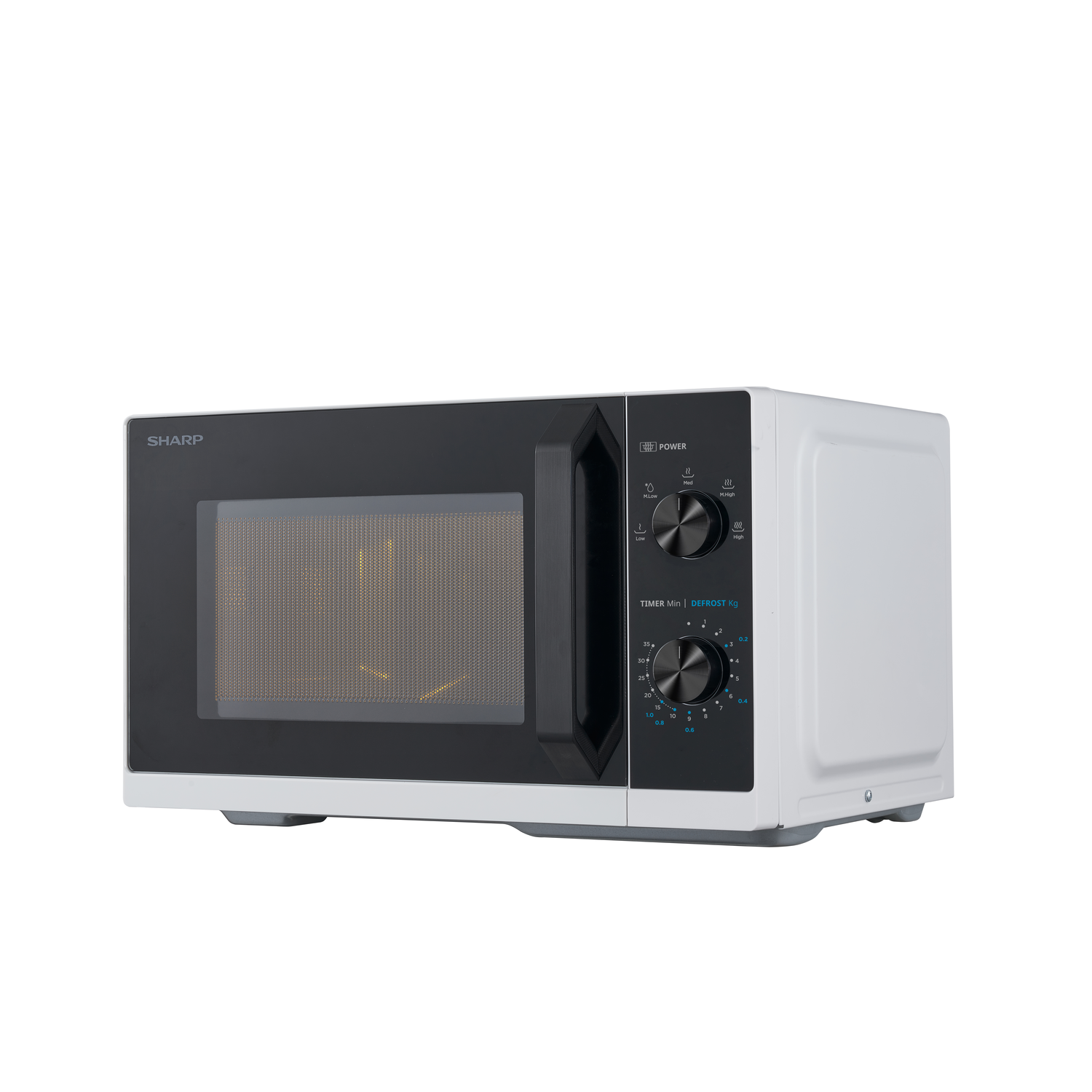 Microwave oven, three-quarter view, white and black, lit interior.