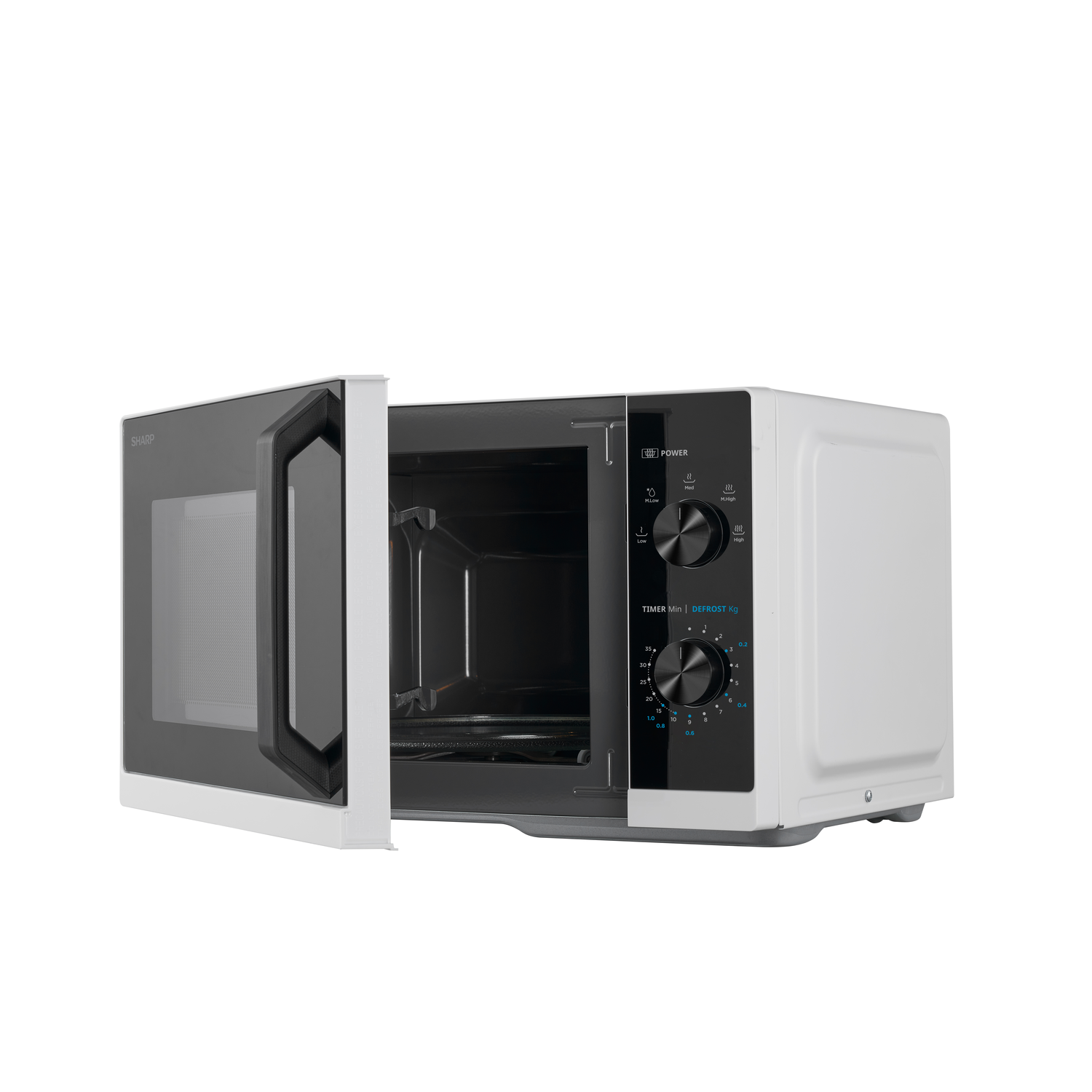 Microwave oven door open, three-quarter view, white and black.