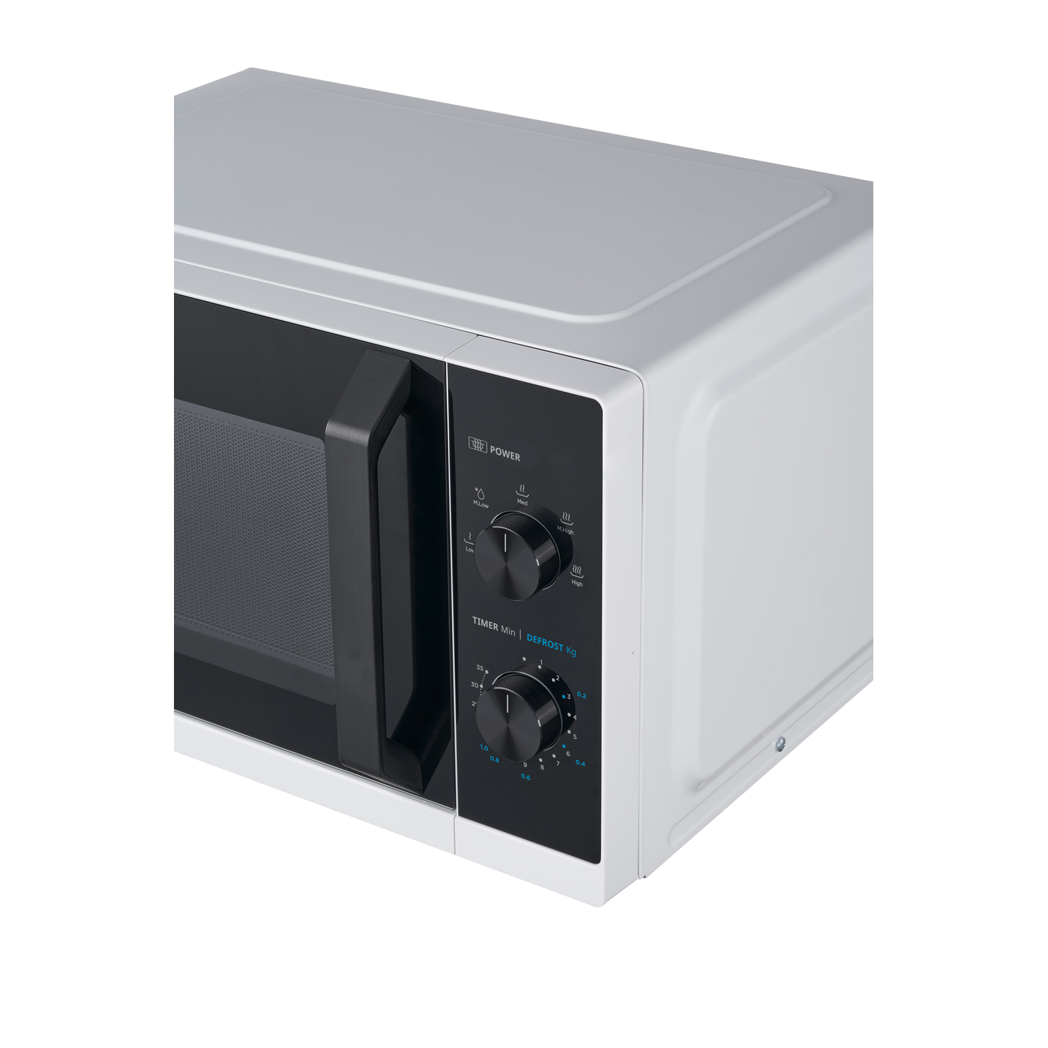 Microwave oven side view, white and black, controls visible.