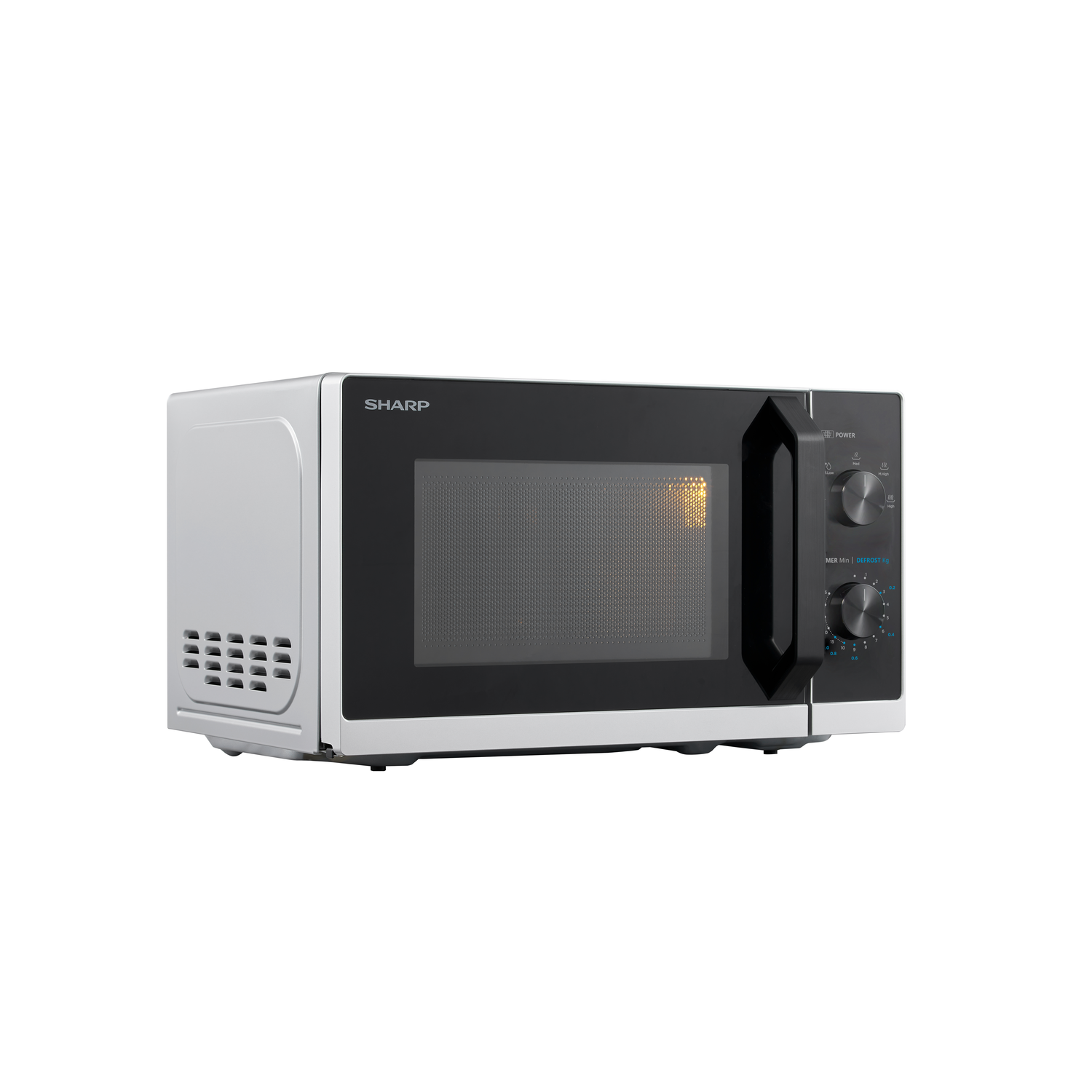 Microwave oven, three-quarter view, white and black, lit interior.
