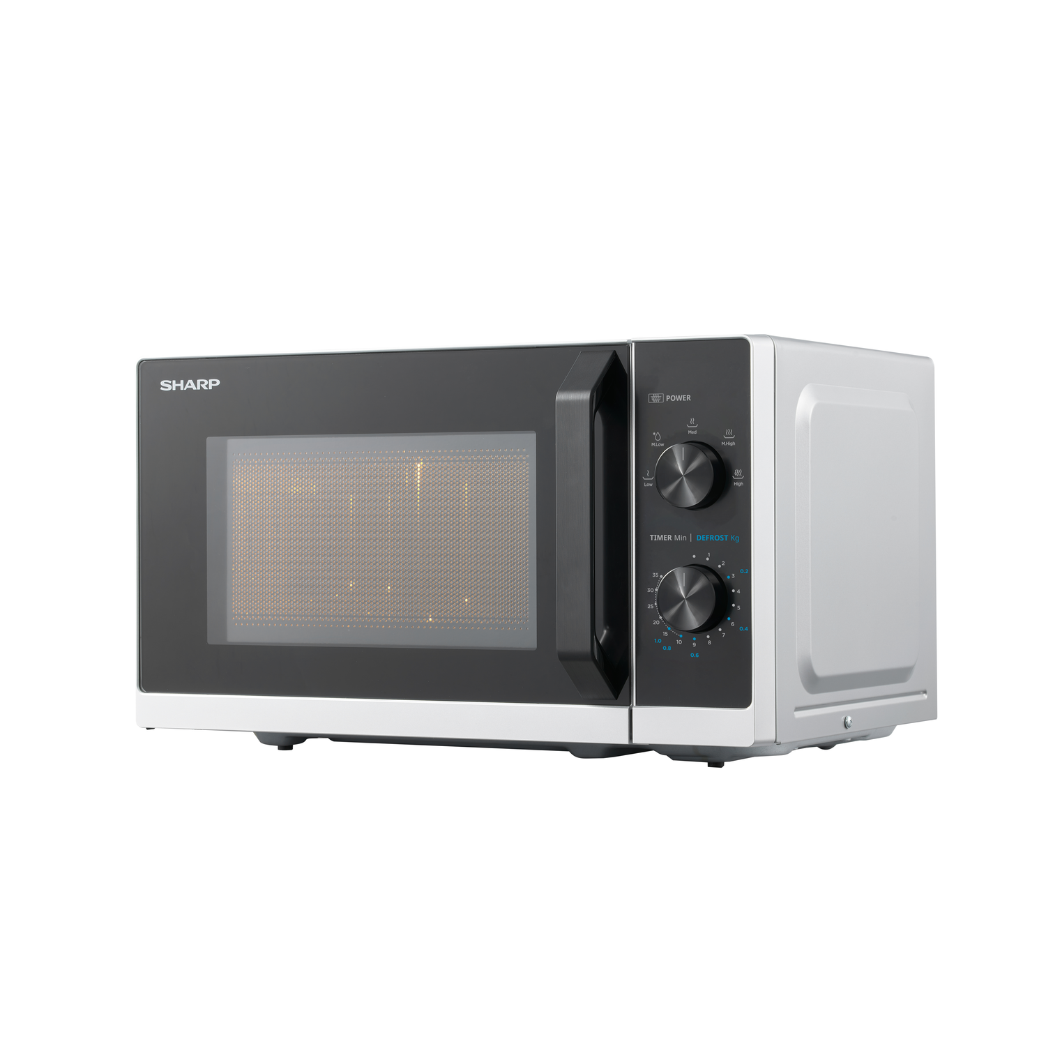 Microwave oven, three-quarter view, white and black, lit interior.