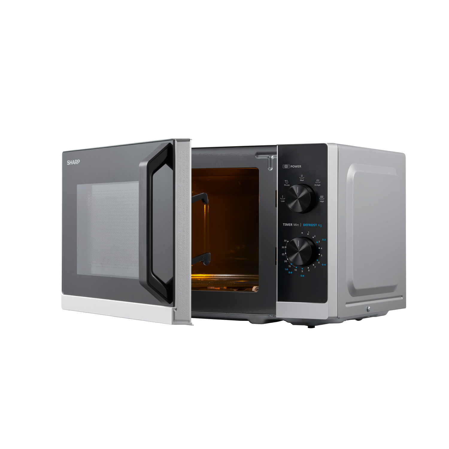 Silver microwave oven with open door, black handle, and control panel. Interior is visible.