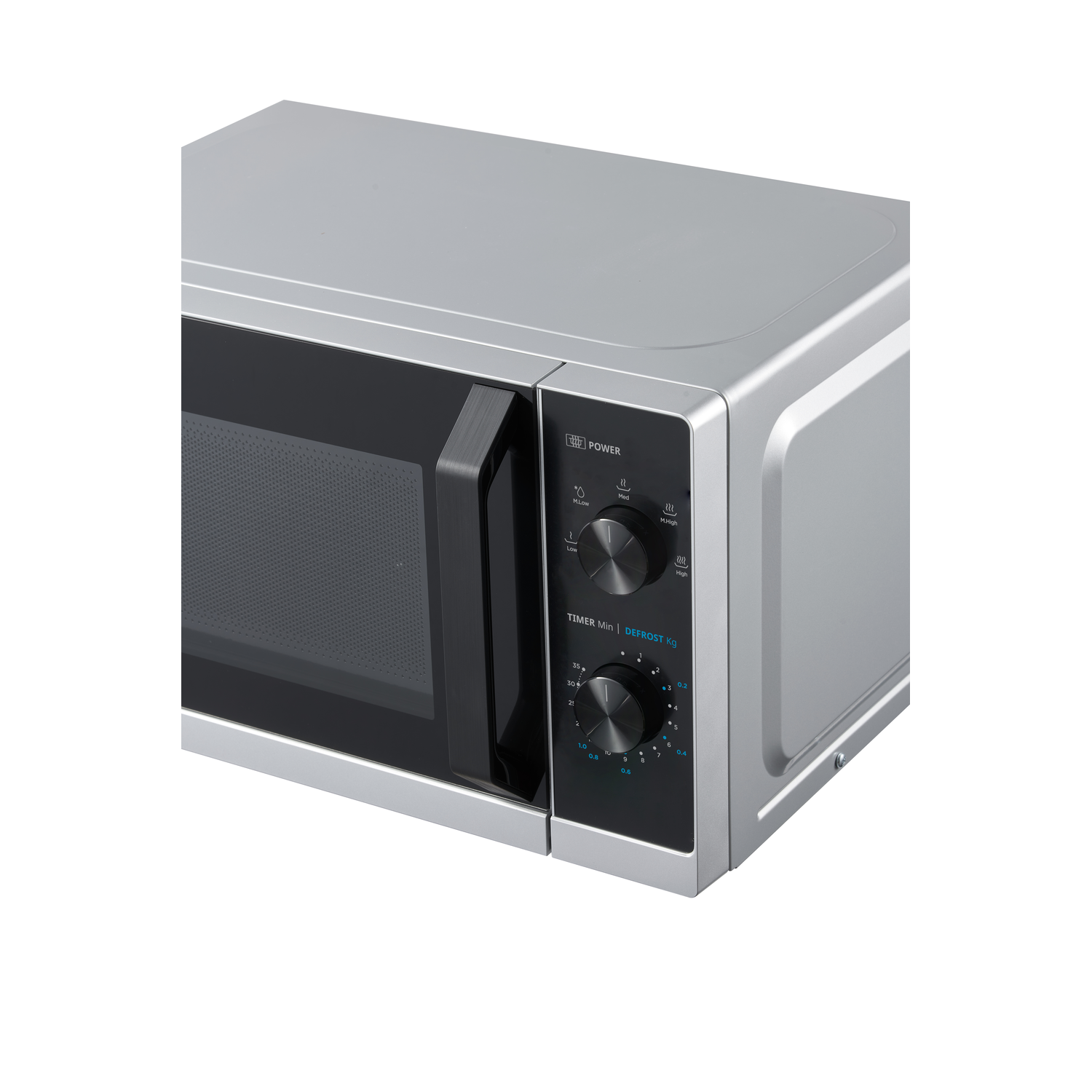 Close-up of a silver microwave oven. Features a black handle, control panel, and a closed door.