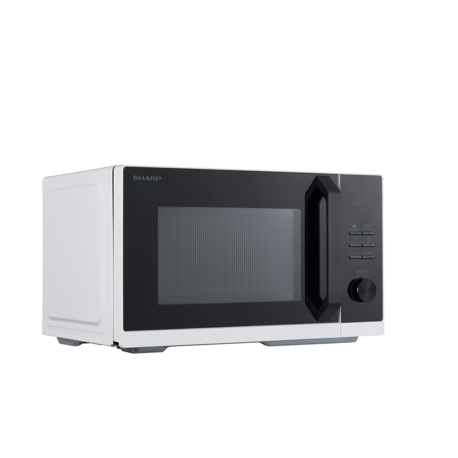 White microwave oven on a black background. Closed door, black handle, and control panel on the side.