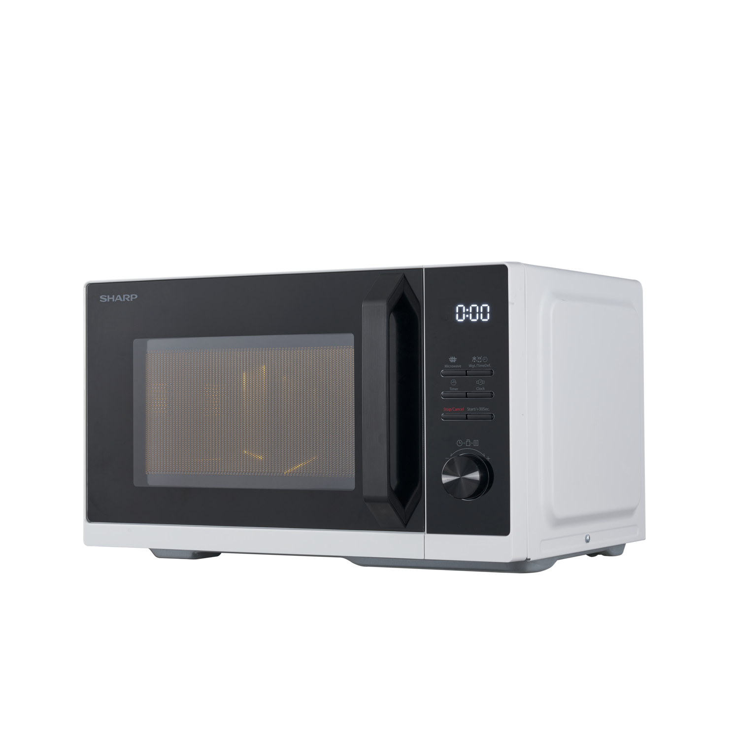 White microwave with black accents, digital clock, and control panel. Interior is lit. Black background.