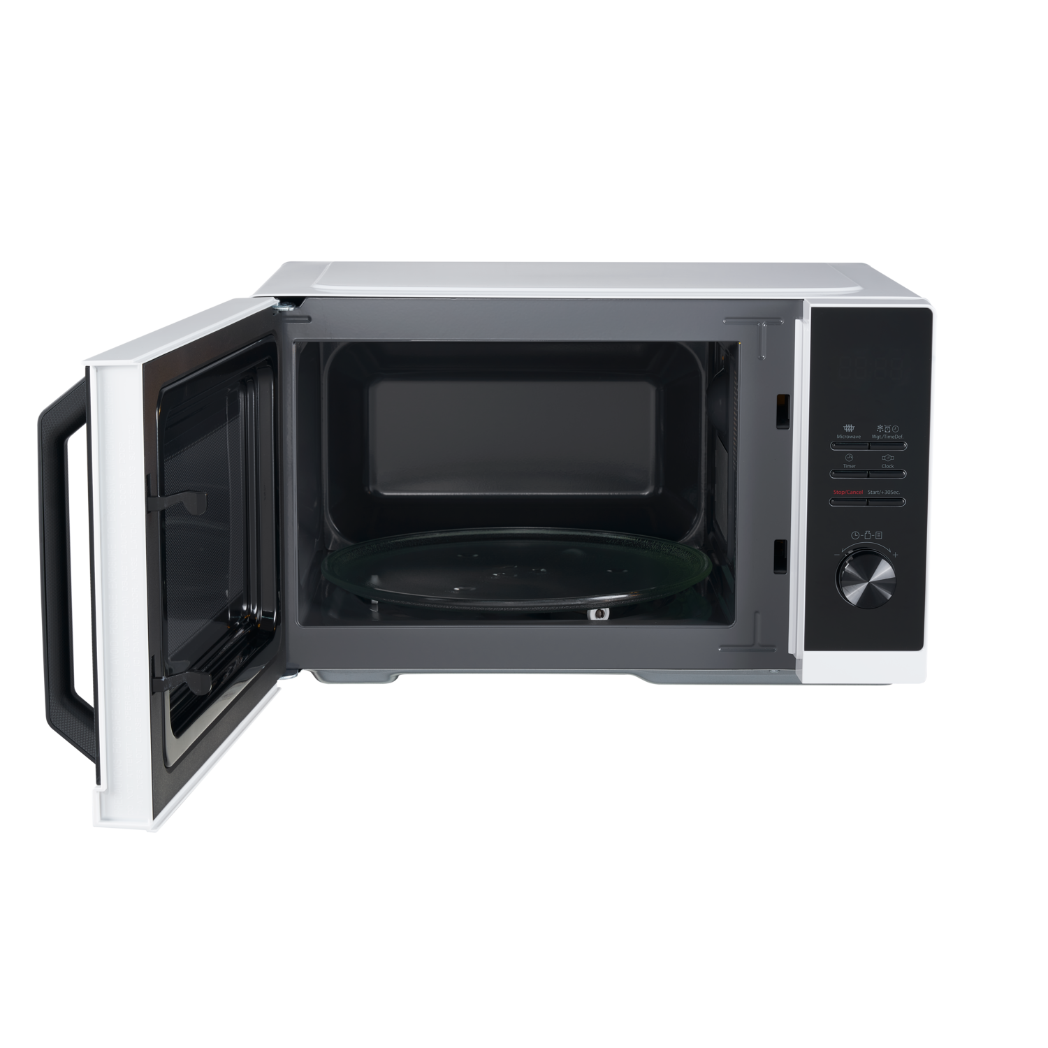 White microwave oven with the door open. Glass plate inside. Black control panel on the side.