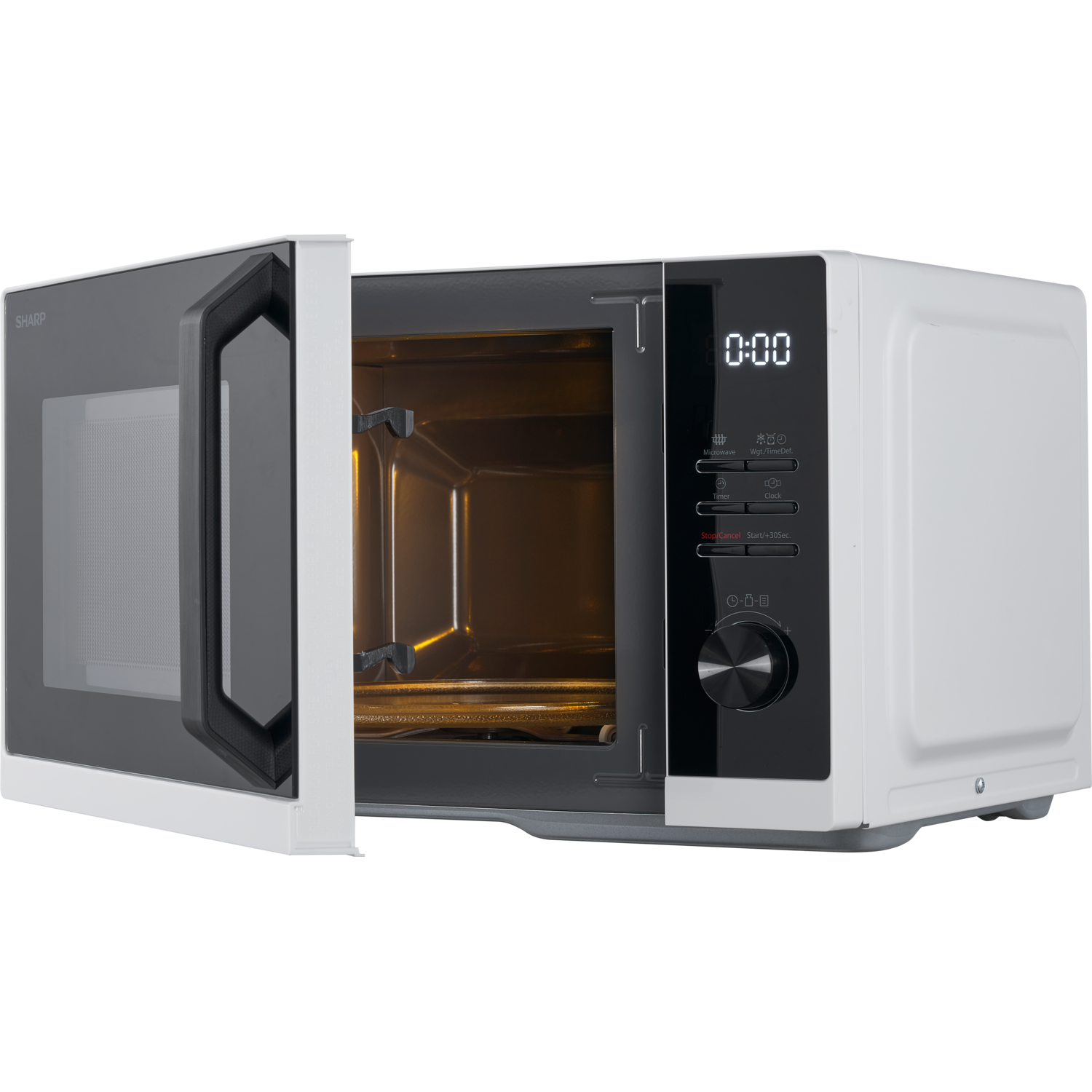 White microwave with open door, displaying interior. Digital clock shows time. Black control panel on the side.