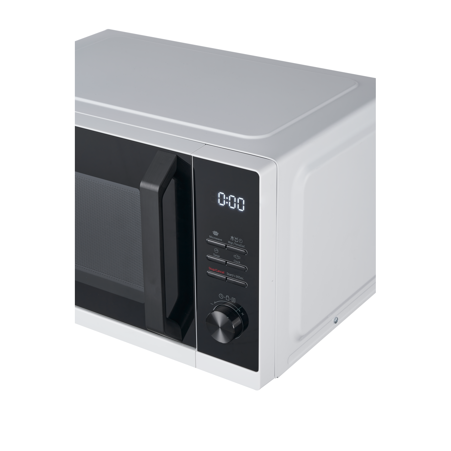 White microwave oven with digital display and black control panel. The door is closed. Black background.