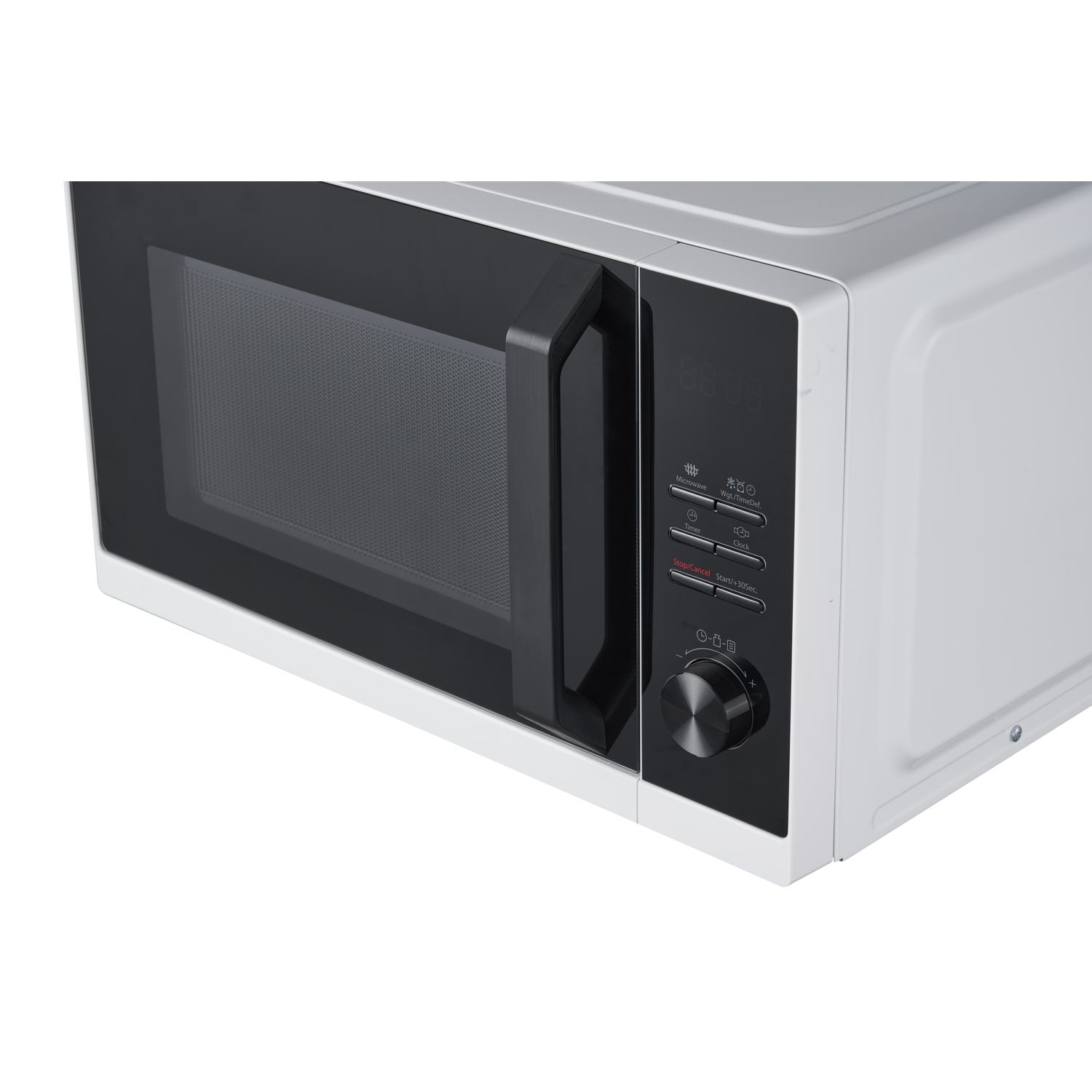 White microwave oven, closed door, digital display, and control panel. Black background. Close-up view.