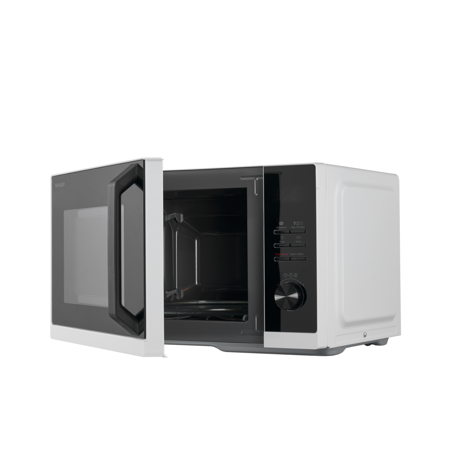 White microwave oven with open door. Interior visible, black control panel. Black background. Sharp brand.