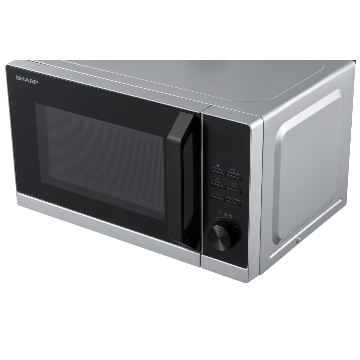 Zilveren magnetron met gesloten deur en digitale display. Zwart bedieningspaneel. Zwarte achtergrond.