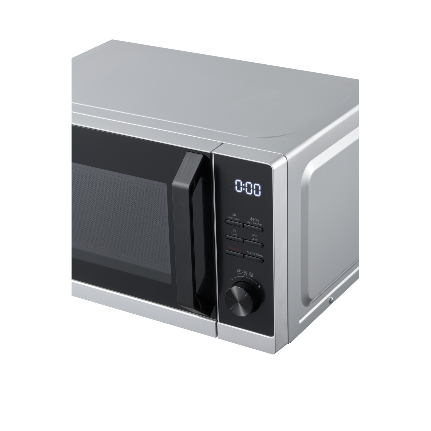 Zilveren magnetron met zwarte handgreep en bedieningspaneel. Digitaal display toont 0:00. Zwarte achtergrond.