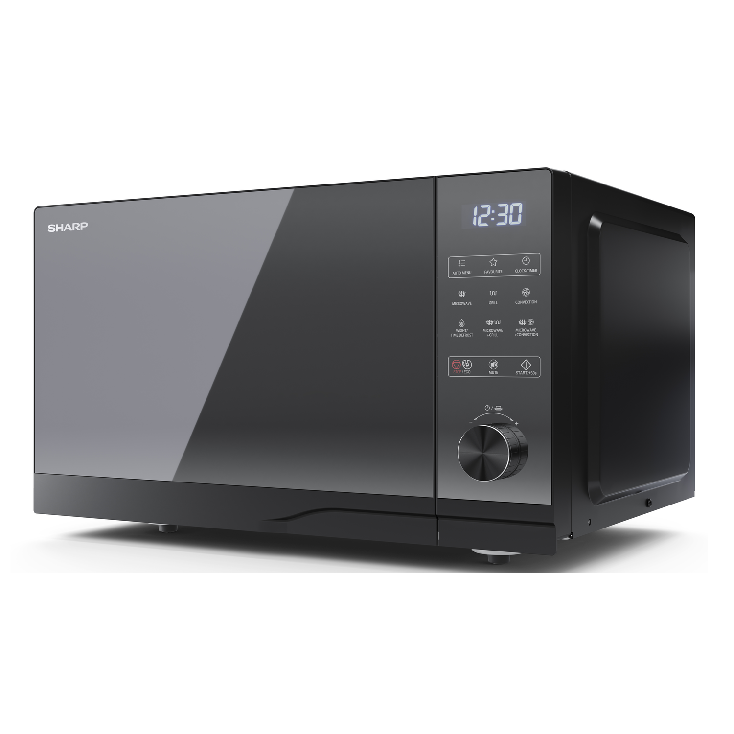 Black Sharp microwave. Digital display shows 12:30. Control panel on the right side. Gray door.