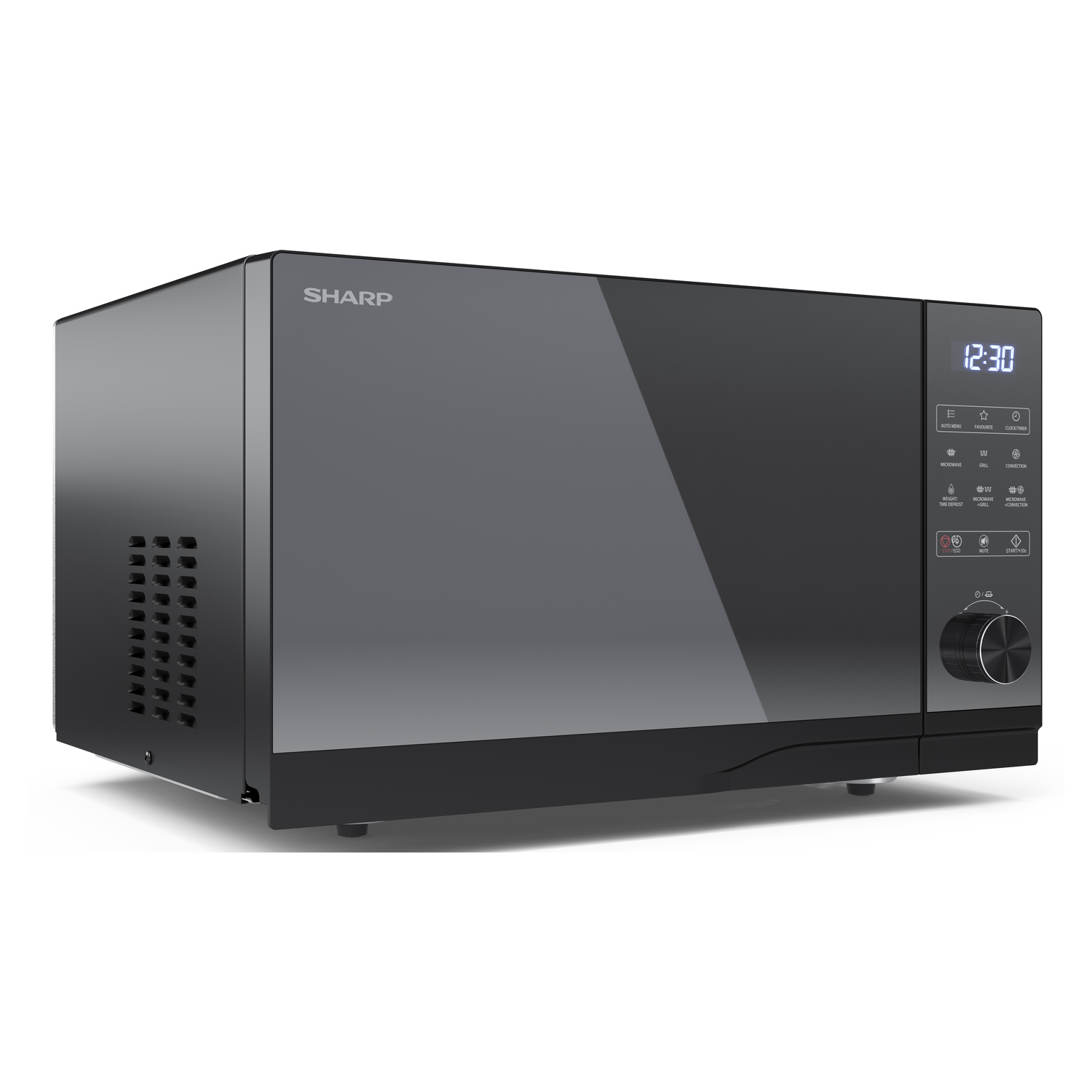 Black Sharp microwave, angled view. Digital display shows 12:30. Control panel on the right. Black background.