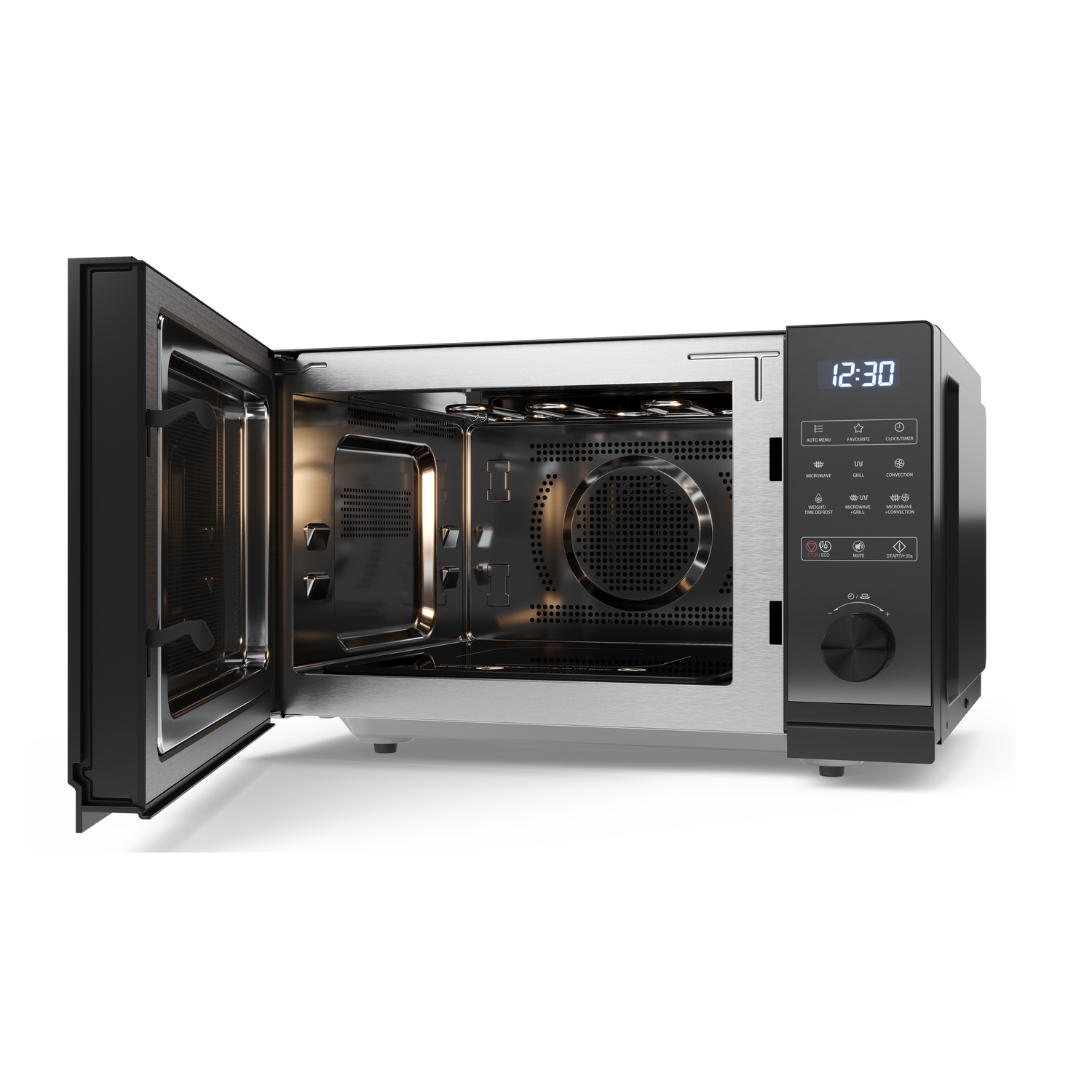 Black Sharp microwave with open door. Digital display shows 12:30. Interior is metallic. White background.