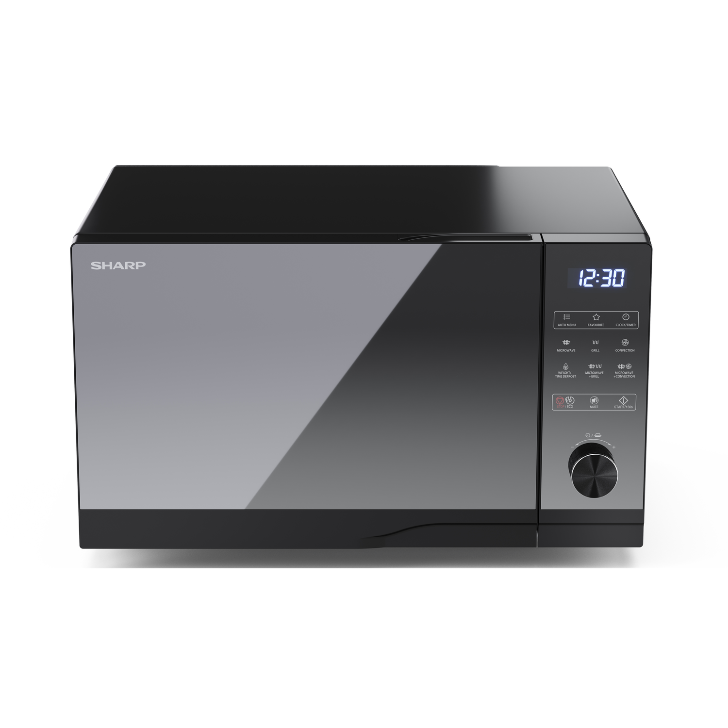 Black Sharp microwave. Digital display shows 12:30. Control panel on the right. Black background.