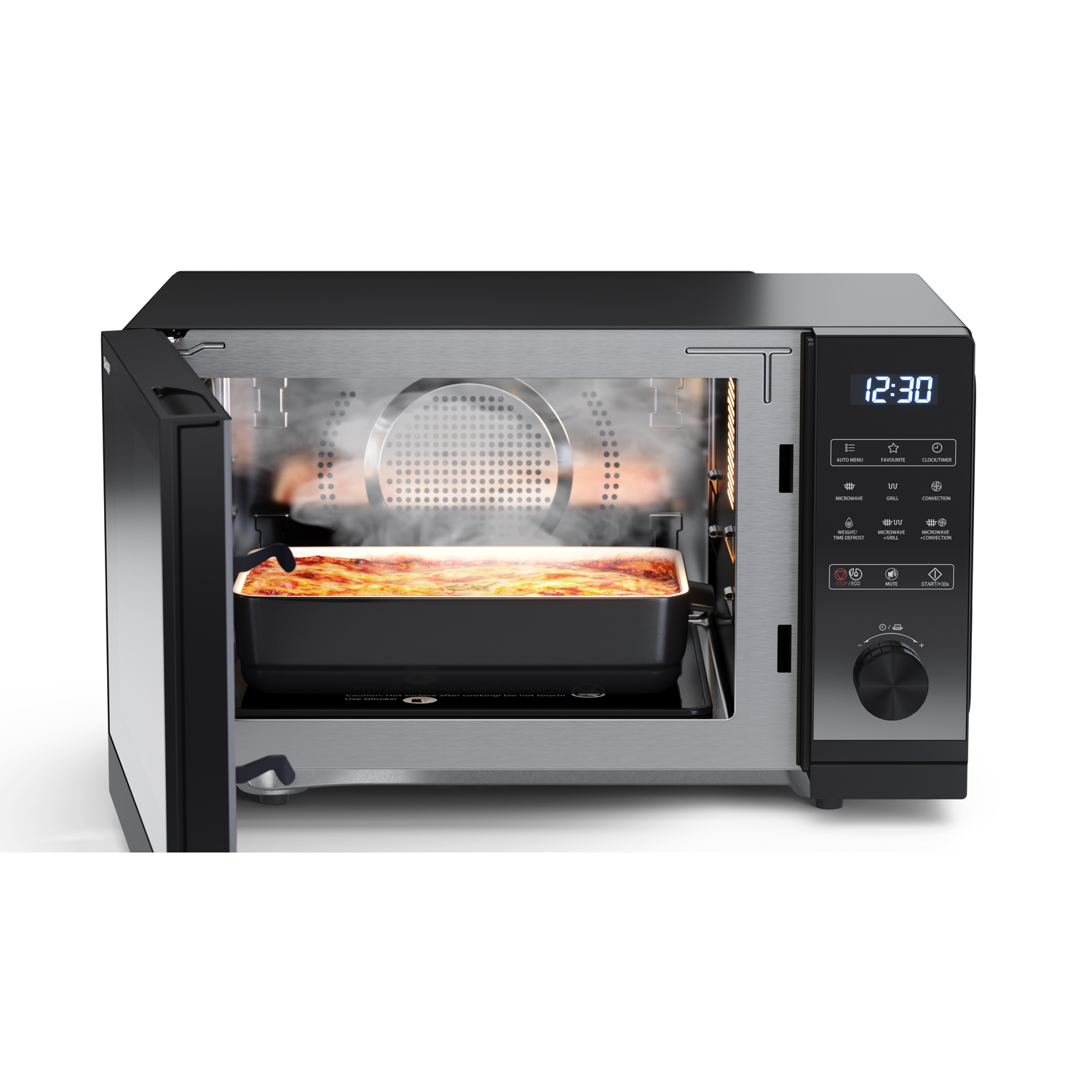 Black Sharp microwave with open door. Lasagna is inside. Digital display shows 12:30. White background.