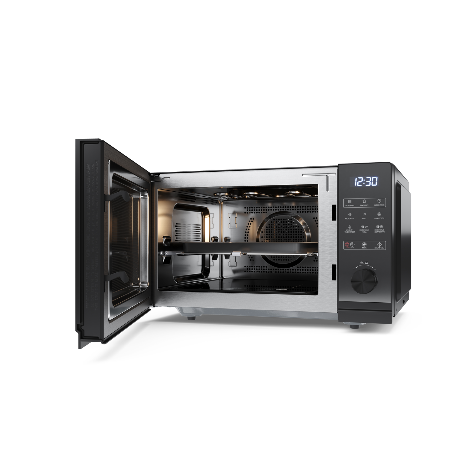 Black Sharp microwave with open door. Inside, a glass plate and tray. Digital display shows 12:30. White background.