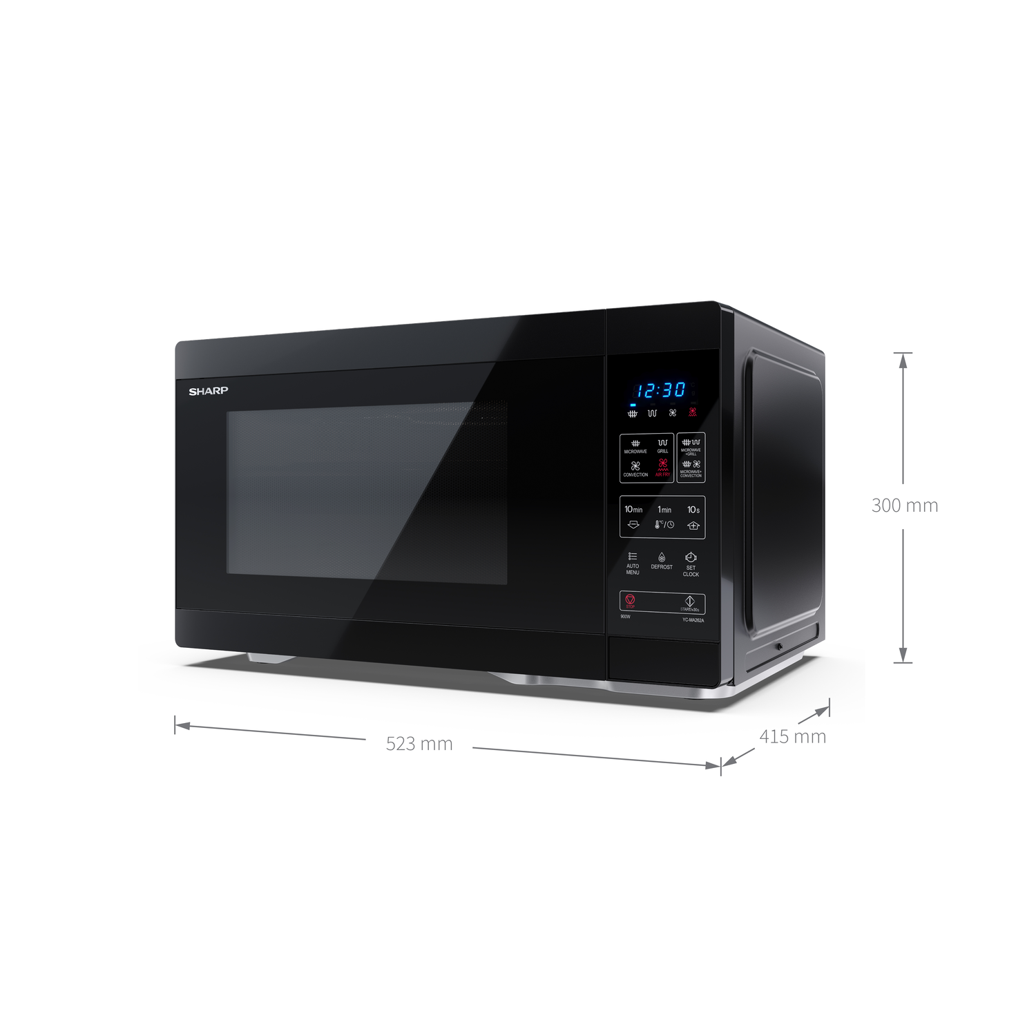 Zwarte Sharp magnetron, zijaanzicht. Digitaal display toont 12:30. Afmetingen worden weergegeven. Witte achtergrond.