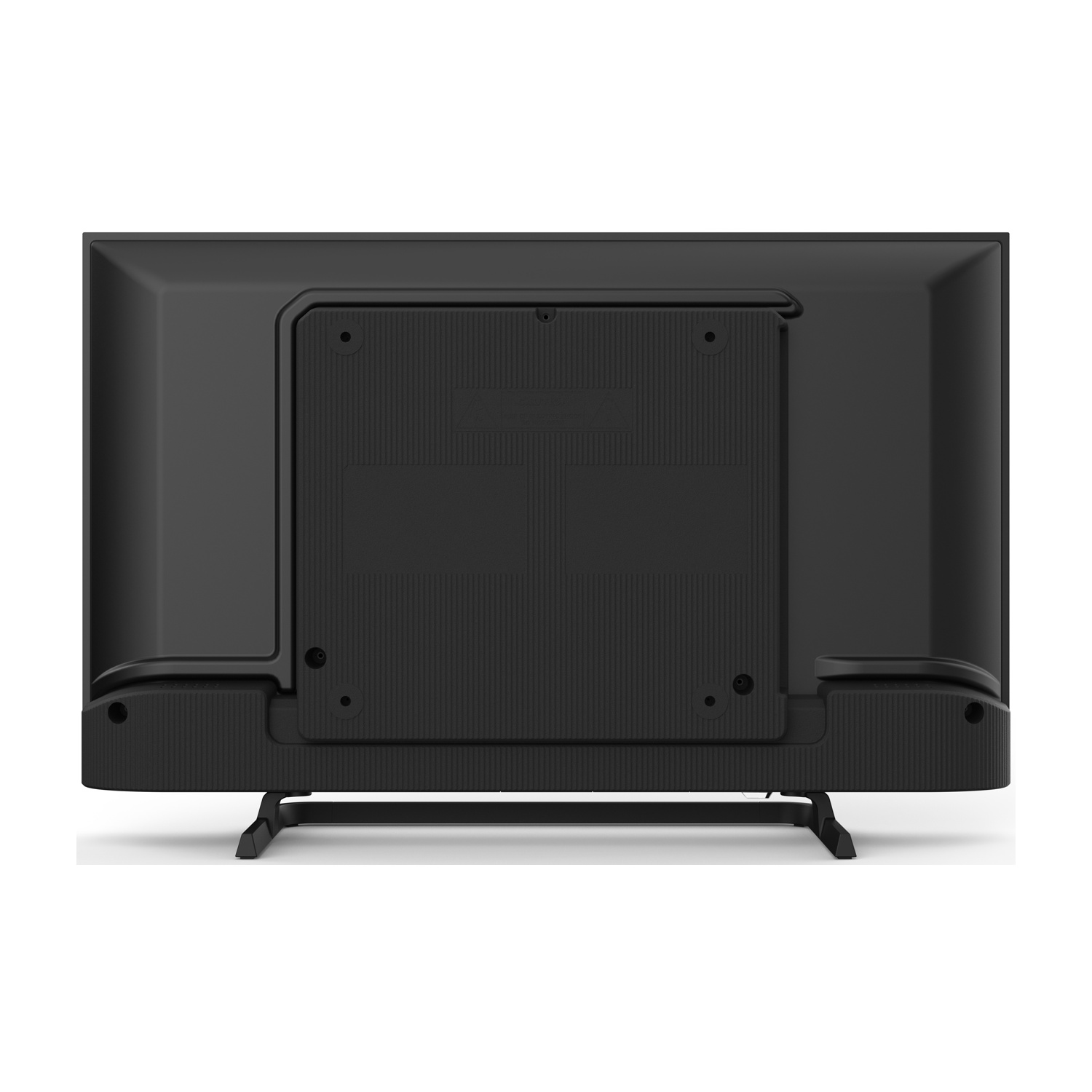 Retro di una TV nera. Supporto, ingresso alimentazione e fori di ventilazione visibili.