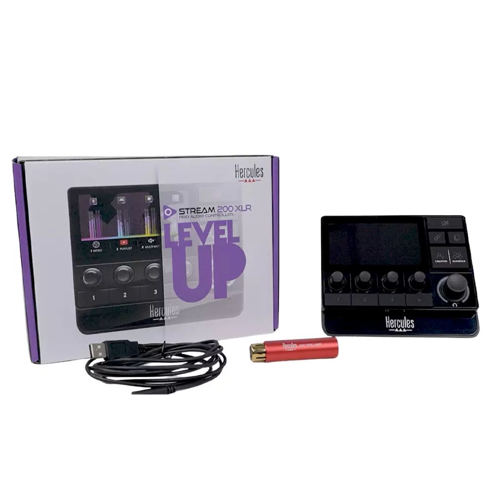Hercules Stream 200 XLR Audiocontroller, Box, Kabel und Mikrofonadapter auf weißem Hintergrund.