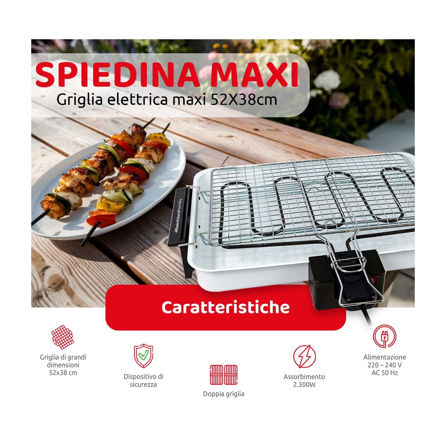 Griglia elettrica con spiedini e testo. Include: griglia grande, dispositivo di sicurezza, doppia griglia.